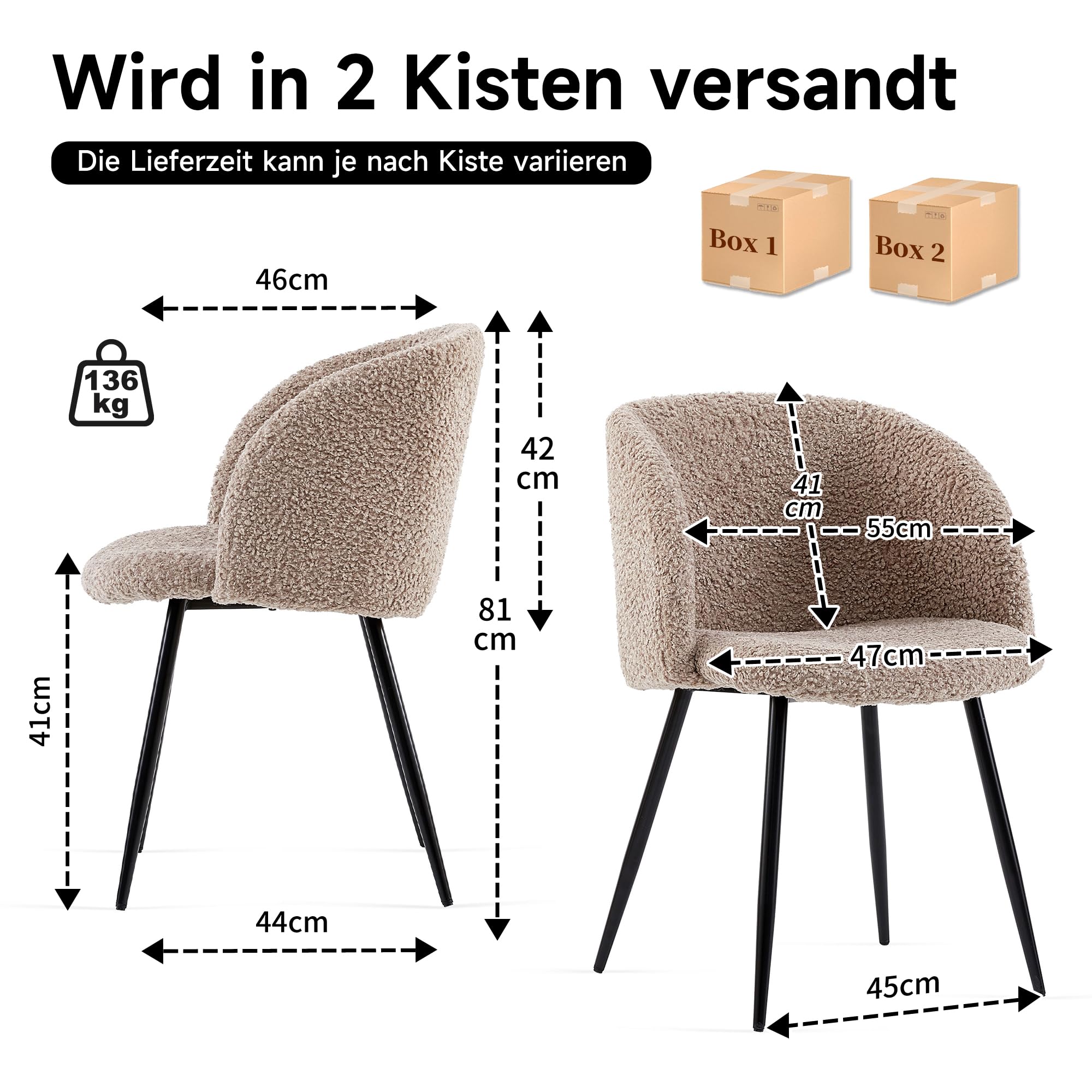 NORDICANA Esszimmerstühle 4er Set, Teddy Sessel, Schminktisch Stuhl, Küchenstühle, Wohnzimmerstuhl, Schwarze Metallbeine, Kunstpelz, Braun, für Wohnzimmer, Esstisch, Schminktisch