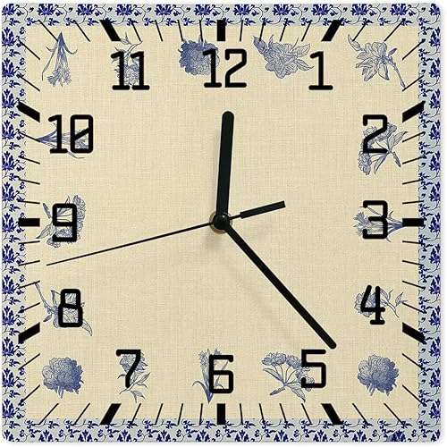 Reloj de pared de madera con flores azules y blancas, silencioso, sin tictac, de porcelana, vintage, cuadrado, funciona con pilas, reloj decorativo