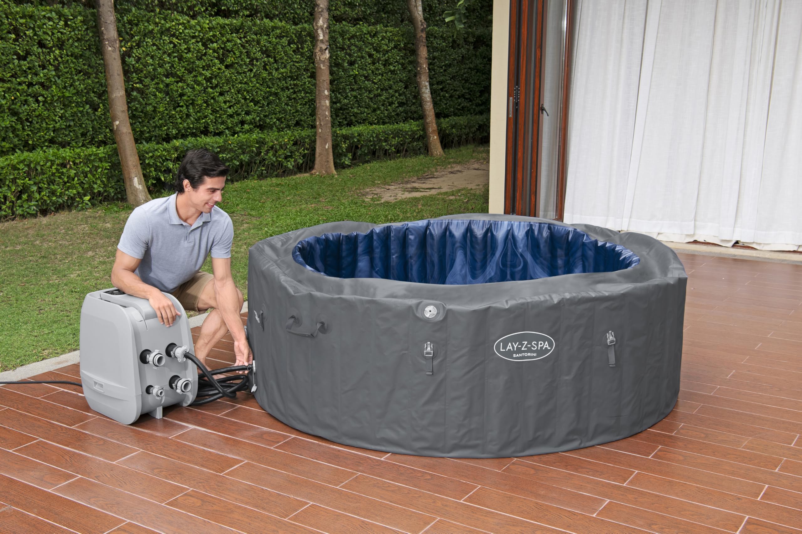 Bestway - Spa Gonflable Santorini Smart HydroJet Pro Efficacité énergétique avec Application de contrôle pour 5 à 7 Personnes - 216 cm x 216 cm x 80 cm - Gris