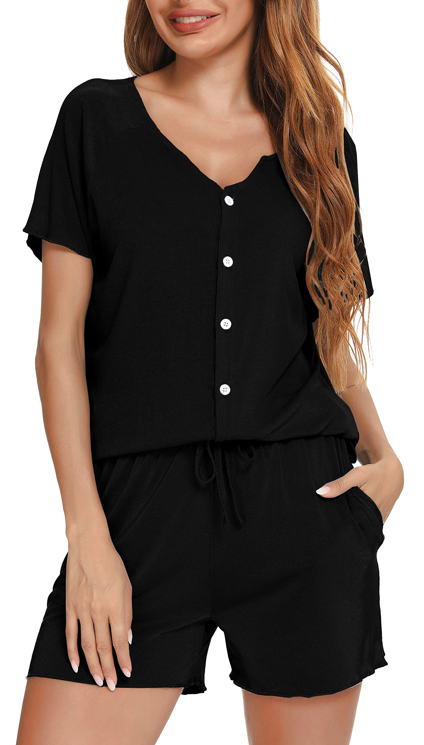 Vlazom Damen Pyjama Set U-Ausschnitt Schlafanzug Sommer Hausanzug für Frauen Kurzarm Sleepshirt mit Knöpfe