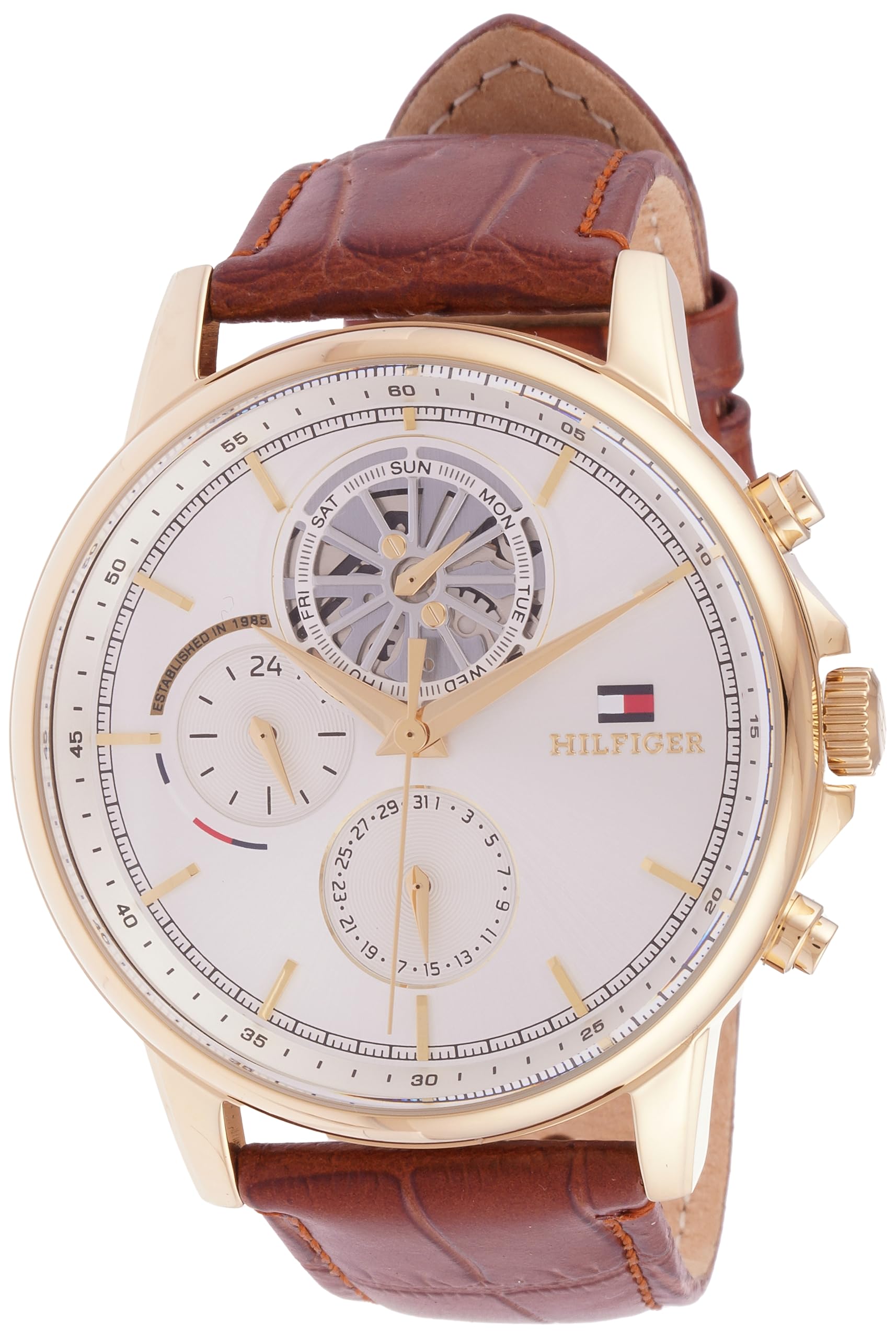 TOMMY HILFIGER MEN'S SILVER DIAL BROWN LEATHER STRAP WATCH - 1710631