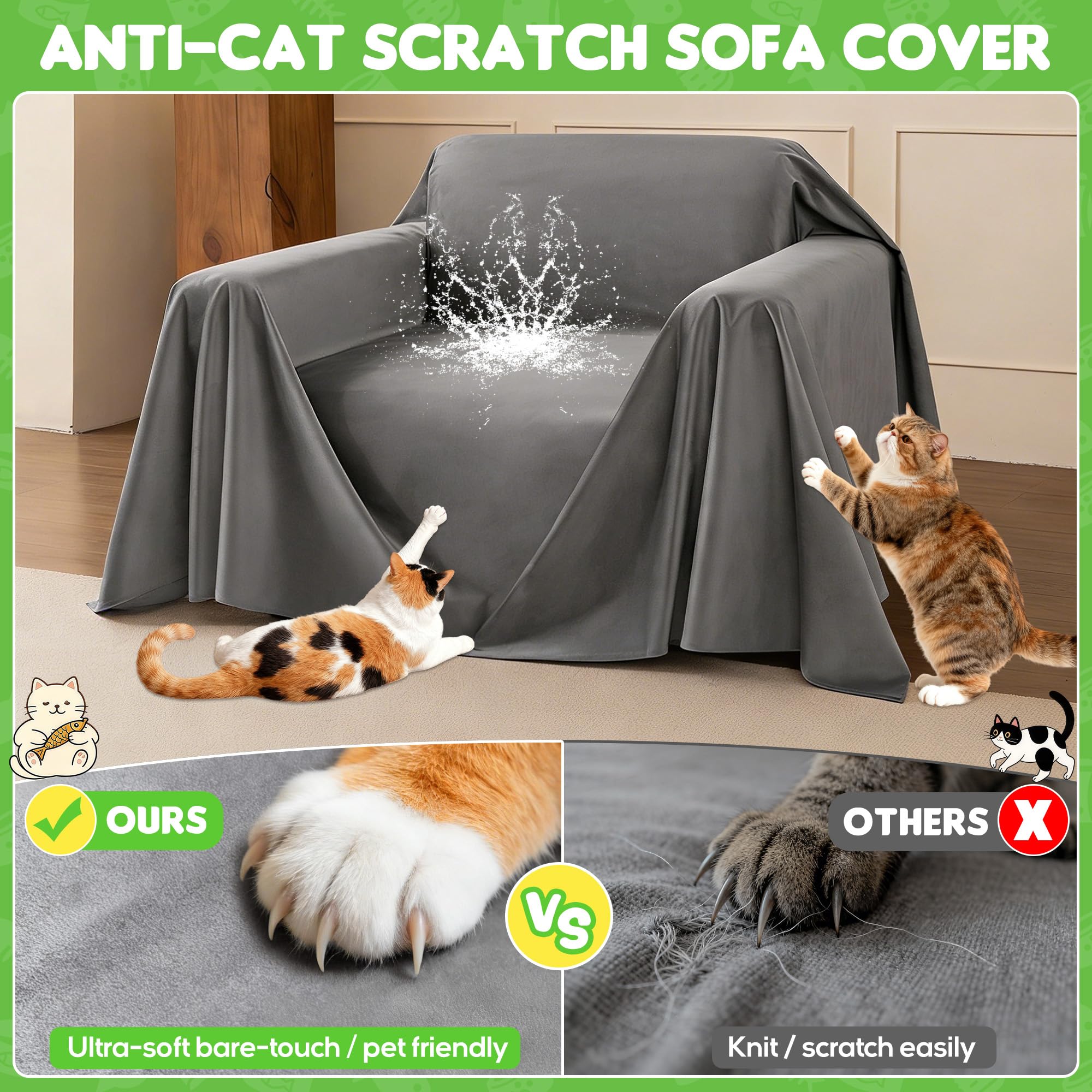 Loiion Grau Sofaschutz Katze, Sofa Überzug 1 Sitzer, Sofabezug Kratzschutz Sofa Katze, Weicher Rutschfester Sofaüberwurf Wasserdicht, Kratzschutz für Haustiere Hunde Kinder, 180x230cm
