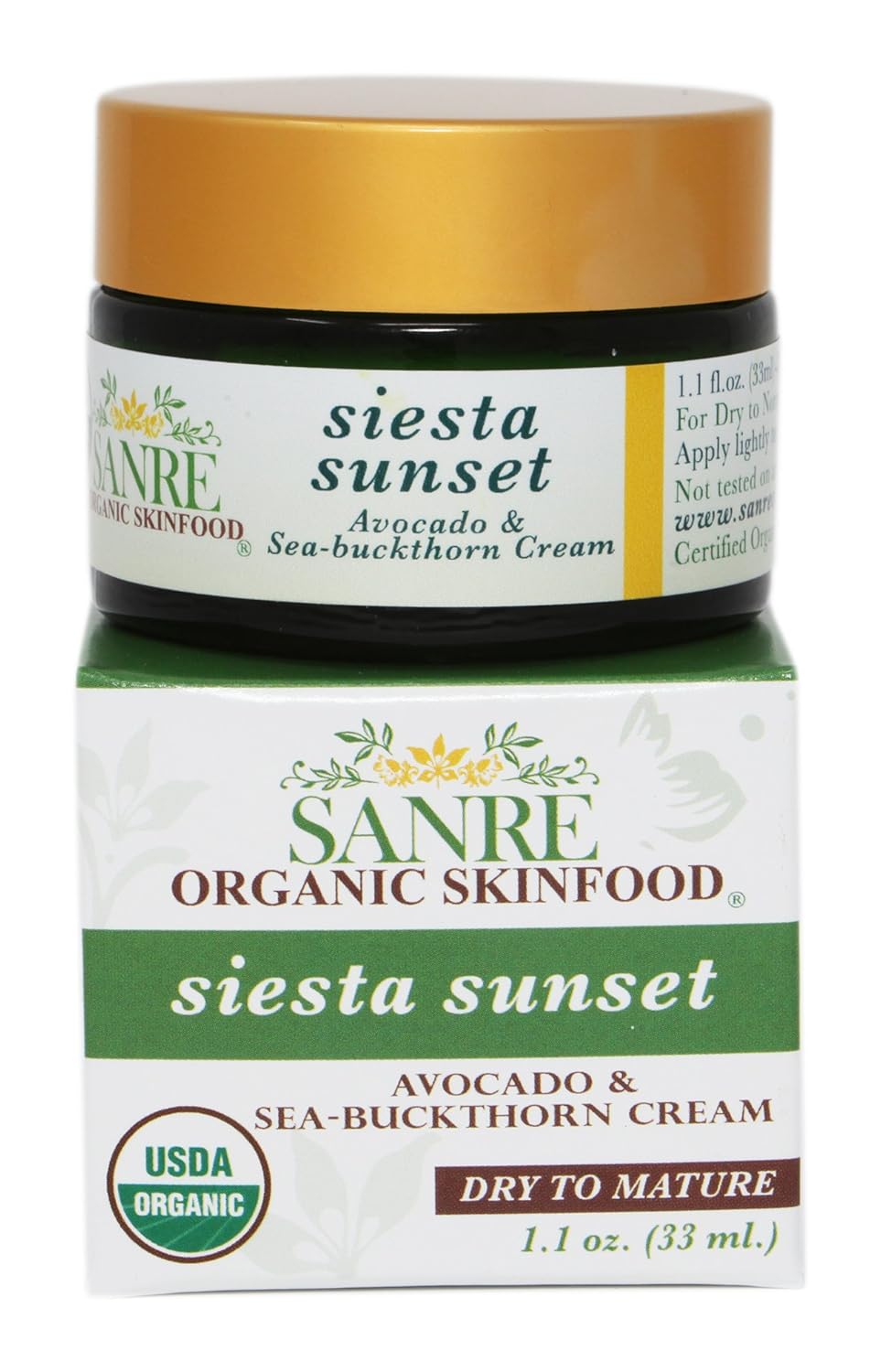 SanRe Organic Skinfood - Siesta Sunset - 100% USDA Organic Beneficial Avocado & Praised Sea-Buckthorn Cream For Dry to Mature Skin