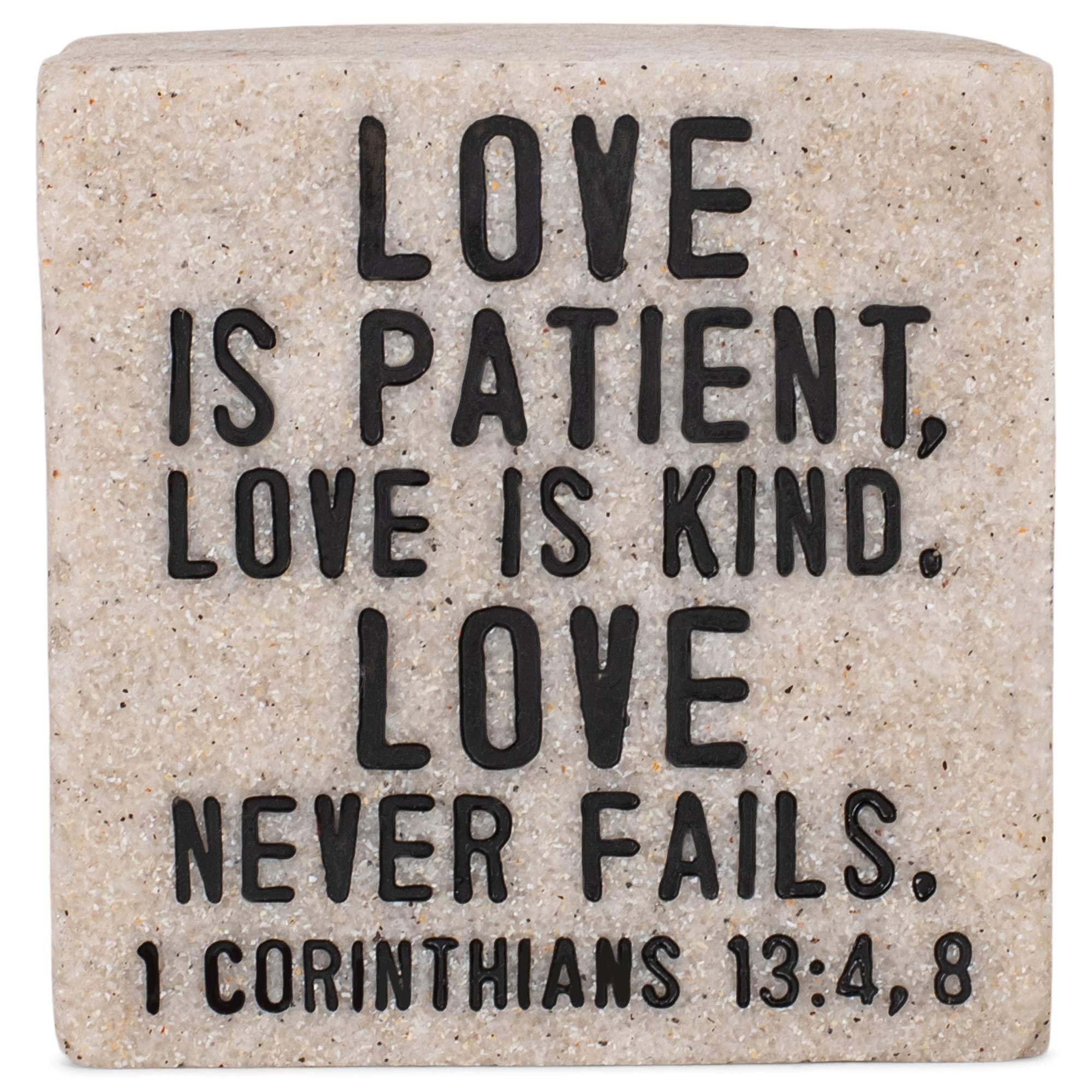Lighthouse Christian ProductsLove Never Fails Scripture Block 2.25 x 2.25 Cast Stone Plaque