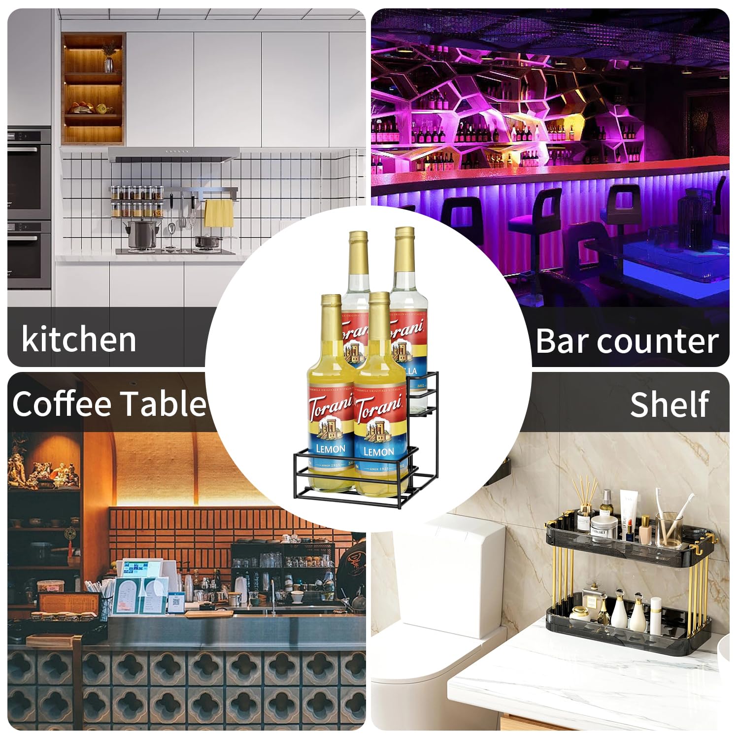 Estante para jarabe de café (capacidad para 4 botellas), organizador de jarabe de café para cafetería, cocina. Estante pequeño para vino para bar, familia, almacenamiento para jarabe, vino, 4