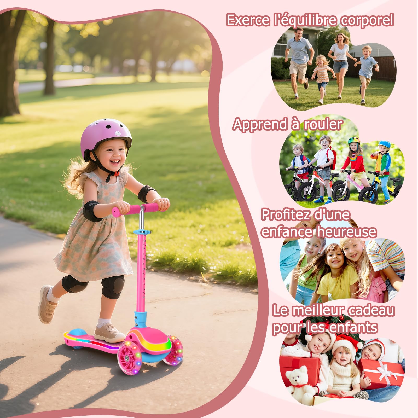 Trotinette Enfant 3 Roues de 2 à 10 Ans, Trottinette avec Siège 2 en 1, Trottinette Pliable avec Guidon Réglage en Hauteur et Roues LED, Scooter Antidérapant pour Filles et Garçons