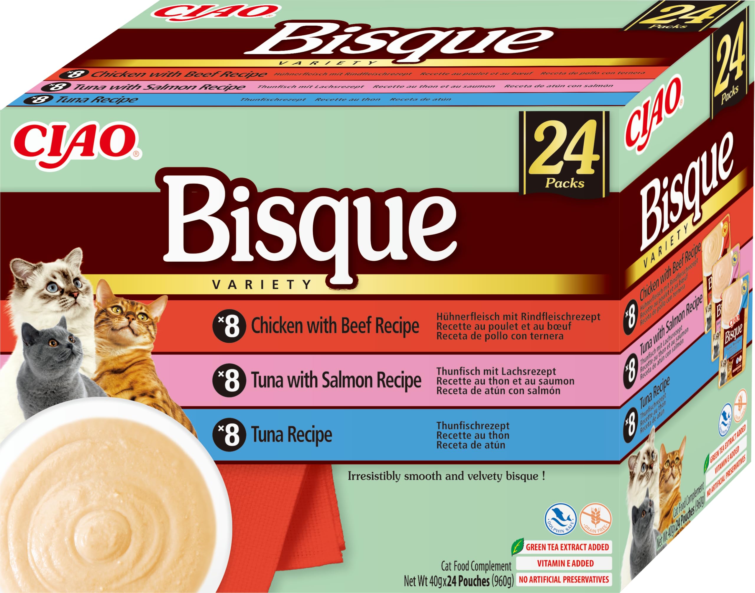 INABA Ciao Bisque, Multipack Pollo, Atún, Ternera y Salmón, 960g (24 x 40g) | Puré Cremoso Estilo Bisque, Complemento y Guarnición para su Comida, Natural, Sin Cereales, Alimento Complementario