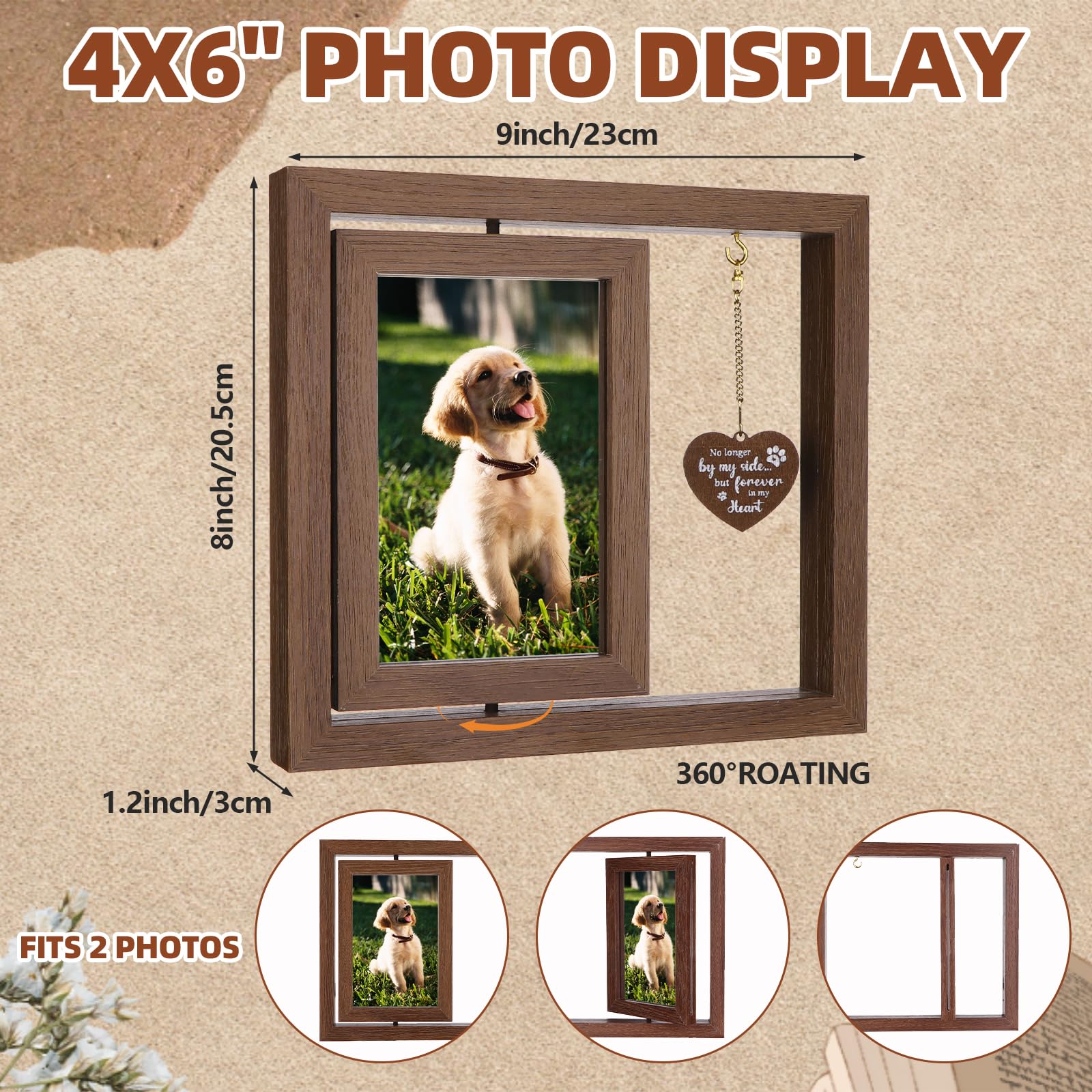 Kklolai 3 Pcs Dog Memorial Gifts for Loss of Dog Sets 4x6”Rotating Wooden Memorial Photo Frame with 8MM Rainbow Bridge Bracelet Pet Ashes Keepsake Keychain for Beloved Cats Dogs Bereavement Gifts - Image 2