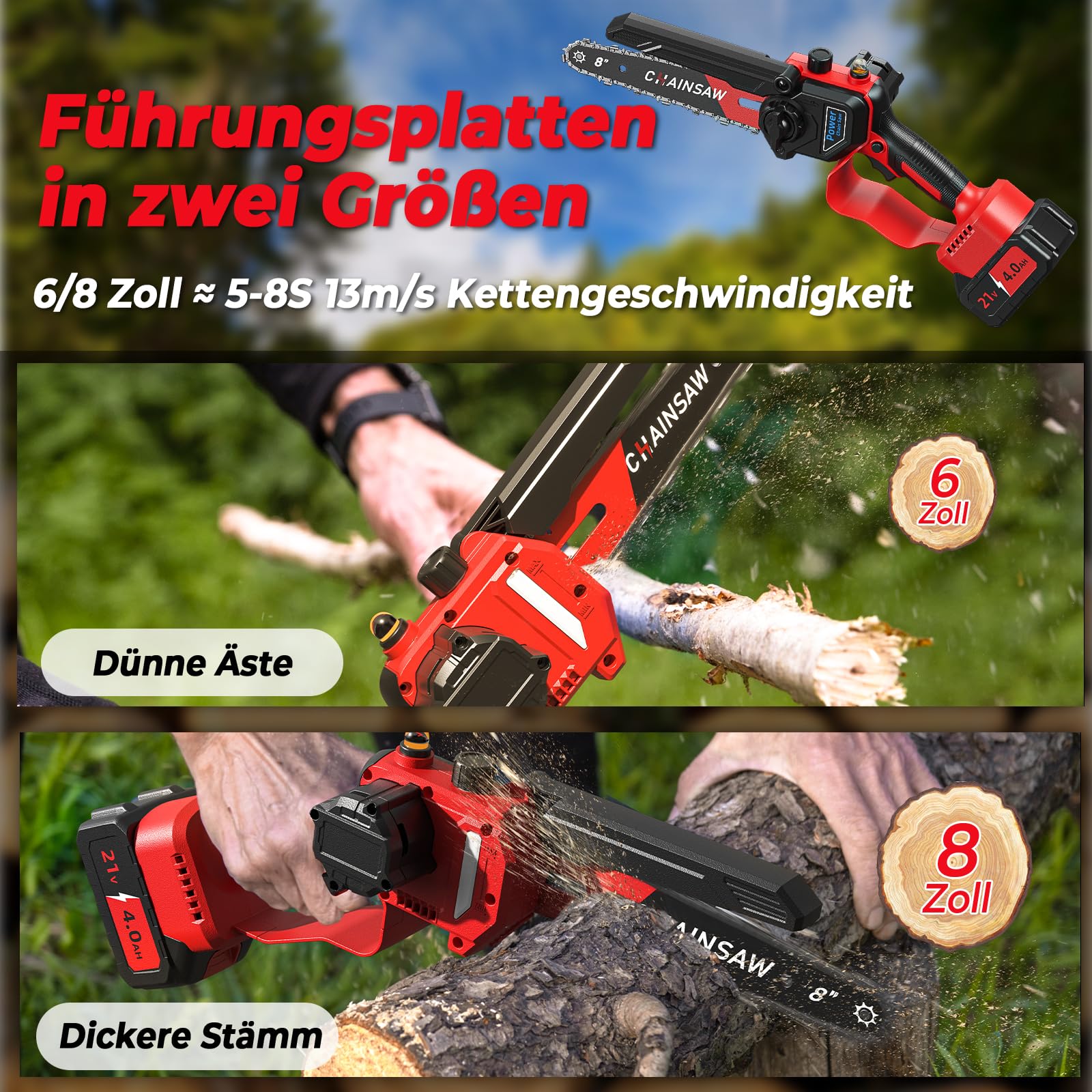 Akku Kettensäge 1300W Bürstenloser Motor, 6 Zoll & 8 Zoll Mini Kettensäge Elektro mit 8000mAh, Astsäge Akku mit Auto-Öler, Handkettensäge Kompatibel mit Makita Akku, Für Garten Baumschnitt Schere