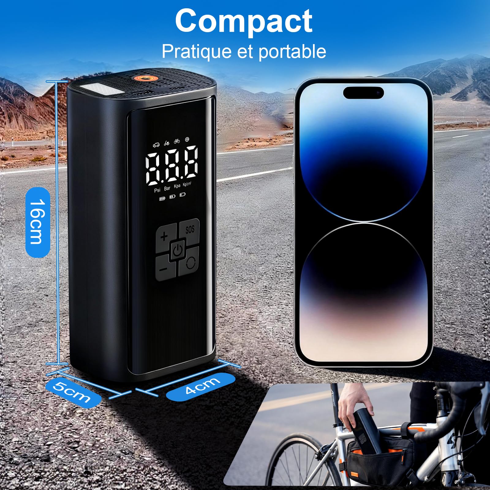 Gonfleur Pneus Voiture Sans Fil, Compresseur à Air Portatif, 150PSI (10,3 Bar) 6000mAh Mini Compresseur Portable avec Lumière LED, Voiture Pour Vélo, Moto, Vcooter, Balles