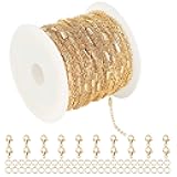 32.8ft 18K Gold Plated Jewelry Making Chain Bulk with 50pcs Jump Rings and 20pcs Lobster Clasps, Solid Brass Tube Bar Cable Link Chain Necklace Bracelet DIY Craft Chains