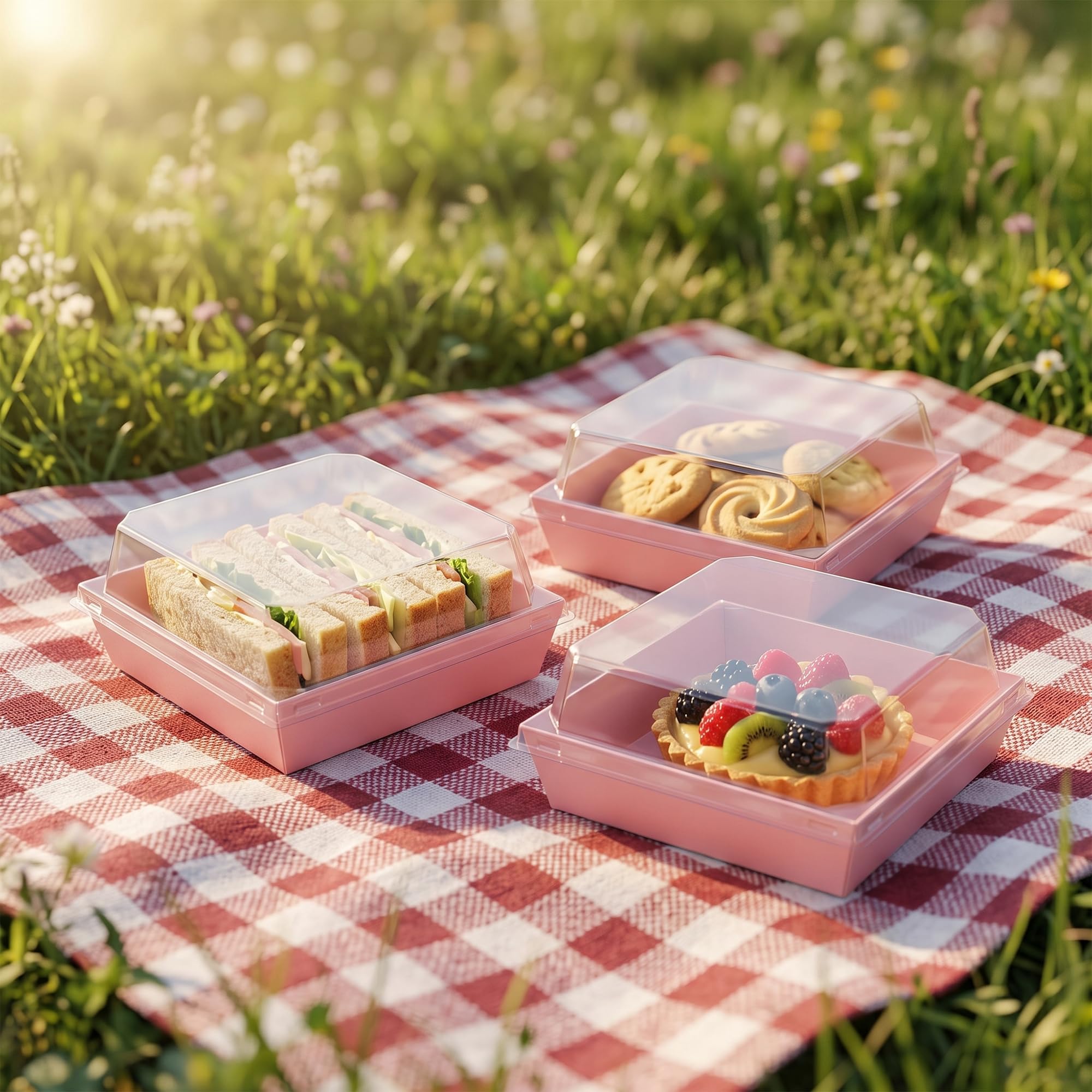 100 scatole quadrate in carta kraft rosa da 13,5 x 12,5 x 6 cm, con coperchio in plastica trasparente, contenitori per dessert, cupcake, panini, biscotti