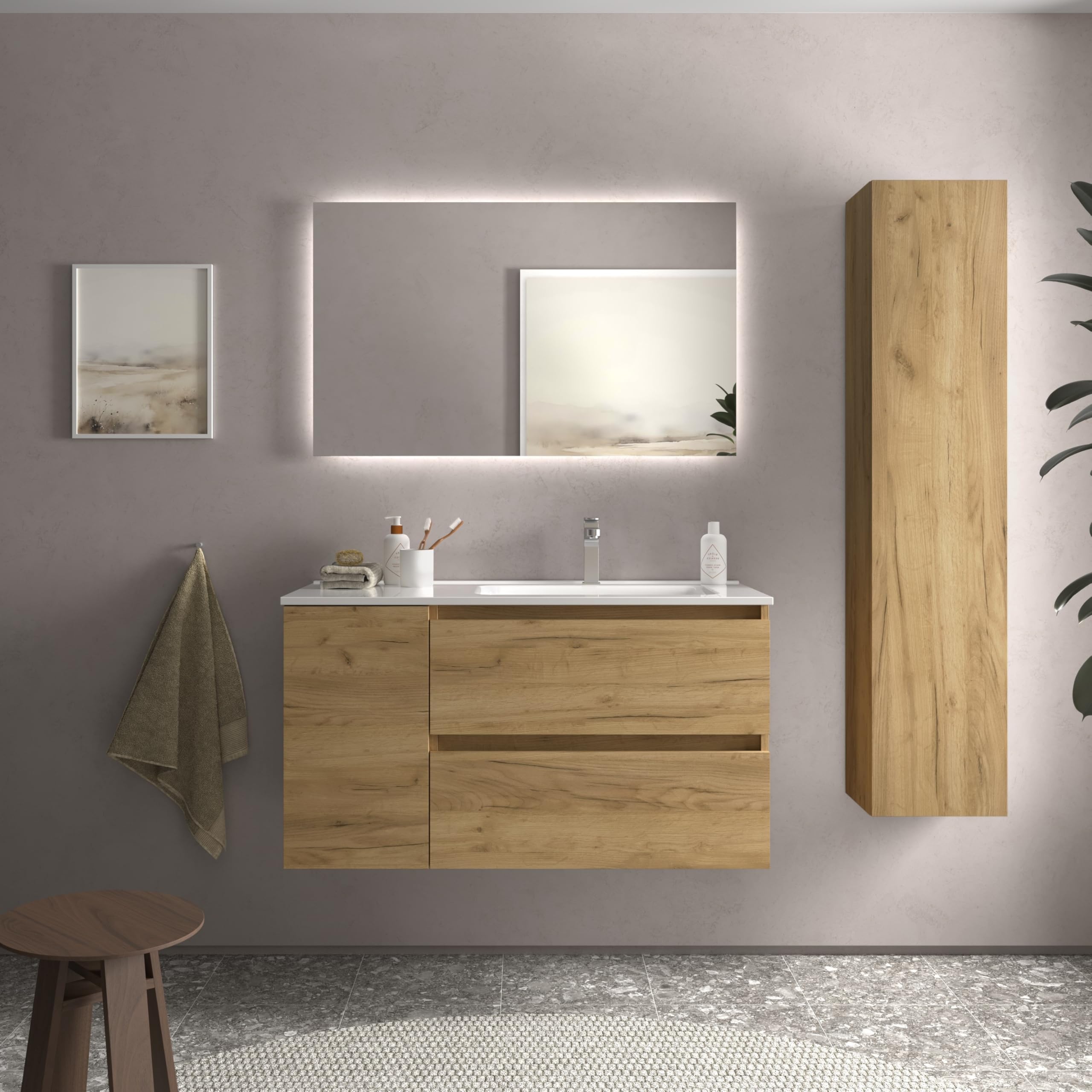 Mueble de Baño Bequia 100cm + Coqueta 1 Puerta Izquierda + Lavabo cerámica | Roble |100x45x56
