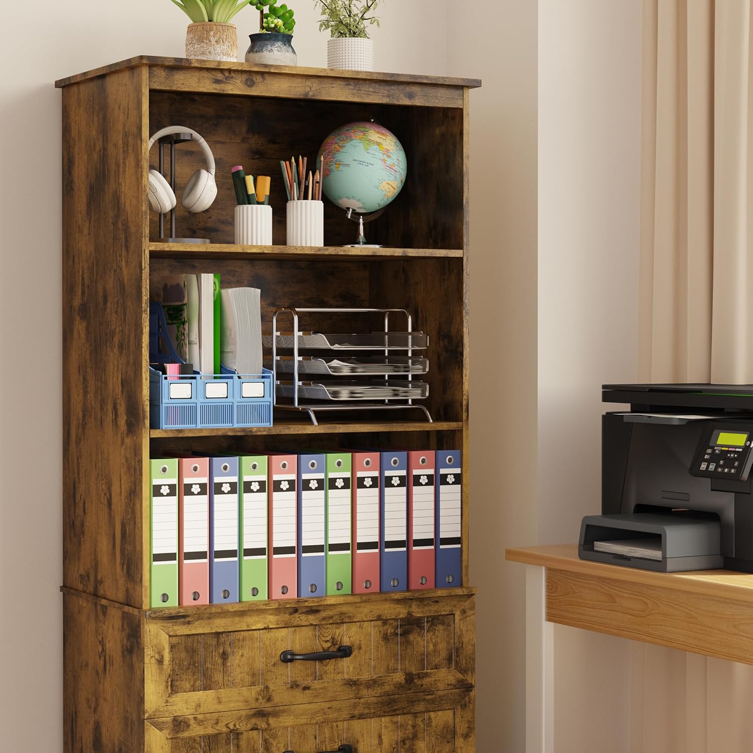 Gizoon 70'' Tall Bookshelf with Drawers Wooden Bookcase with 3 Drawers Multifunctional Book Storage Organizer for Office Living Room and Bedroom,Rustic Brown - Image 5