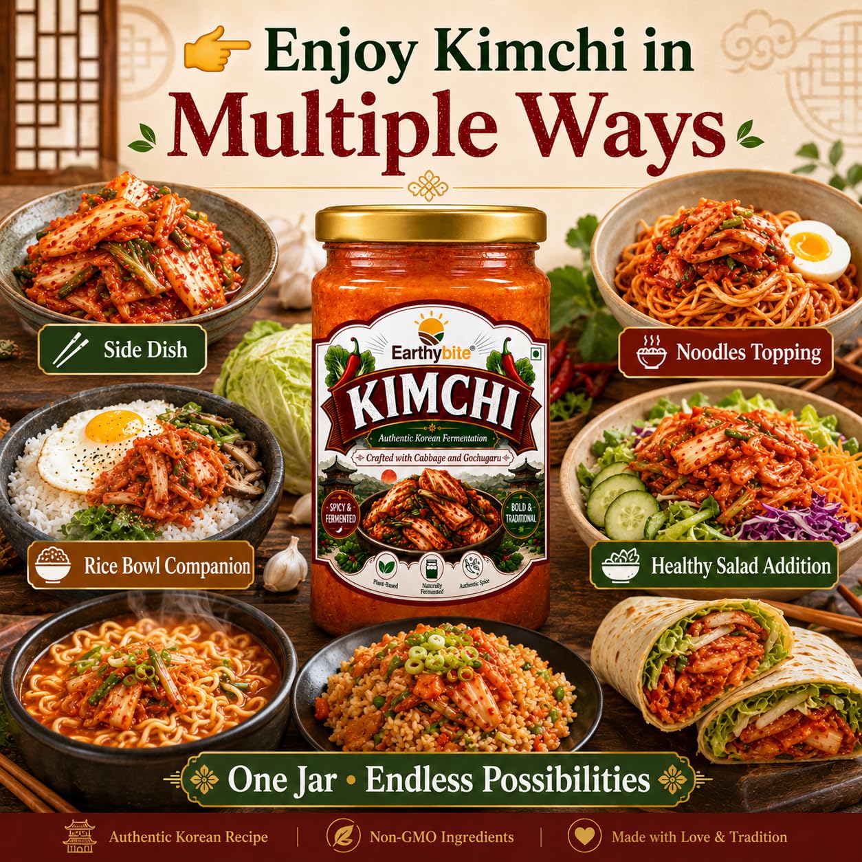 Earthy Bite Authentic Korean Kimchi 250g Premium Fermented Cabbage with Carrot | Spicy & Tangy Superfood Rich in Probiotic-Rich Gut Support | Vegan, Plant-Based Healthy Pickled Side Dish 4