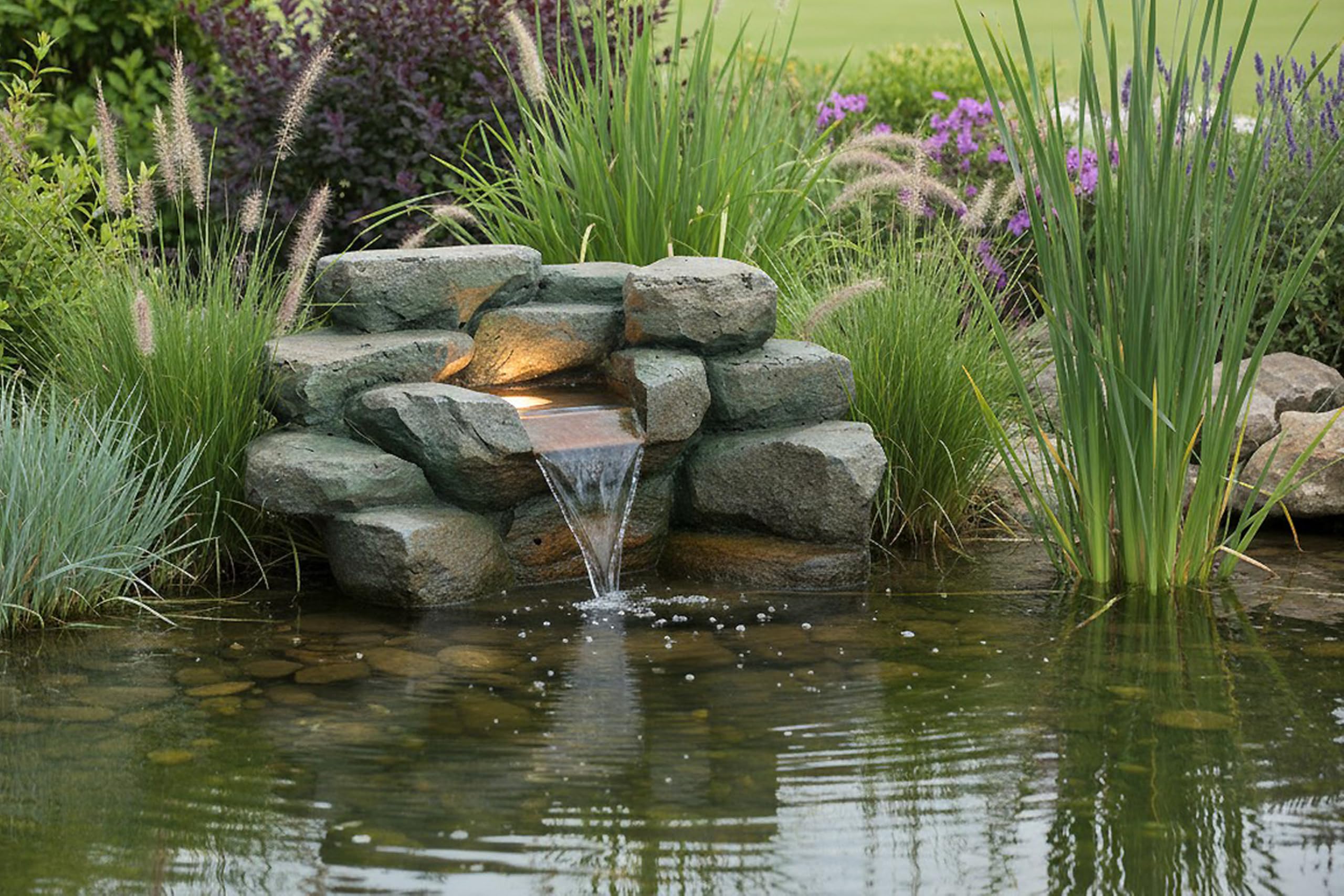 Kunstfelsen Wasserfall mit LED für Teich – Komplett Set inkl. 5W Pumpe & Schlauch Teichdeko in Steinoptik Wasserspiel für Gartenteich