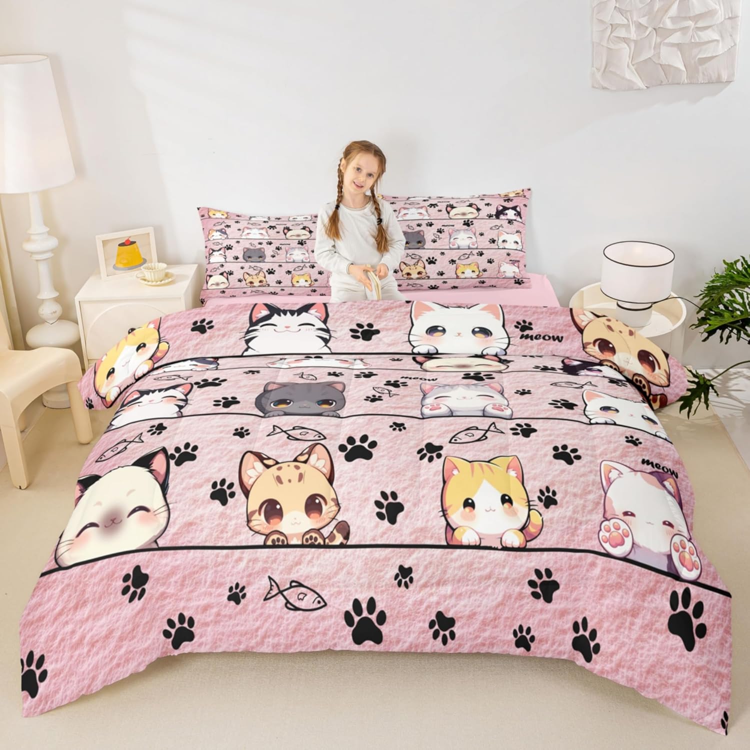 Kawaii Cat Bed Comforter Set Queen Size,Cartoon Pet Kitten Pet Super Soft Microfiber Bedding Set for Adults Teens,Cartoon Style Pink Animals Comforter Set,2 Pillowcases