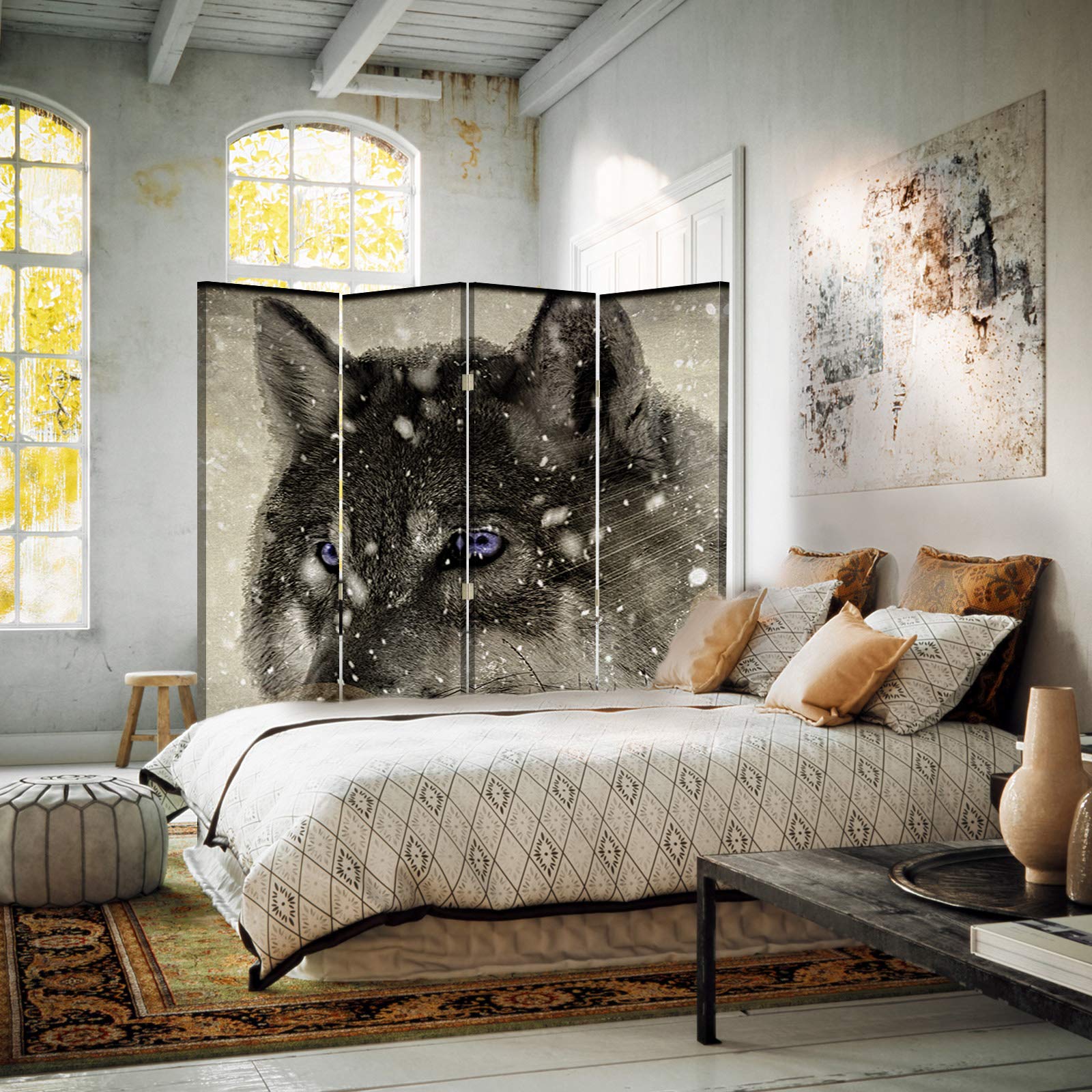 Paravent Chambre à Inversion de Sens Tête de Loup 4 Panneaux Yeux Gris 145x175 cm