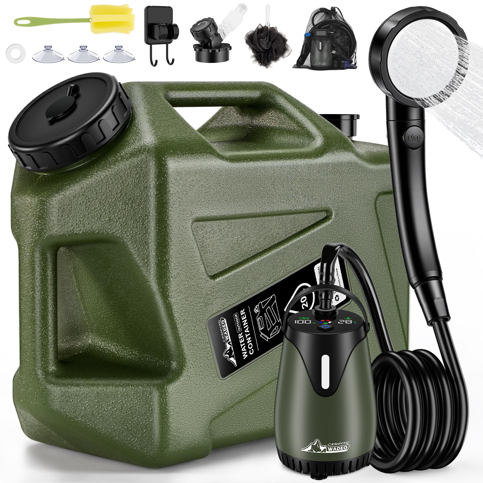 WADEO Doccia Portatile da Campeggio Aggiornata, [Pompa con Maniglia] [Serbatoio Acqua Stabile da 20L], Kit Doccia da Esterno Ricaricabile per Escursionismo, Festival, Cane, Camper