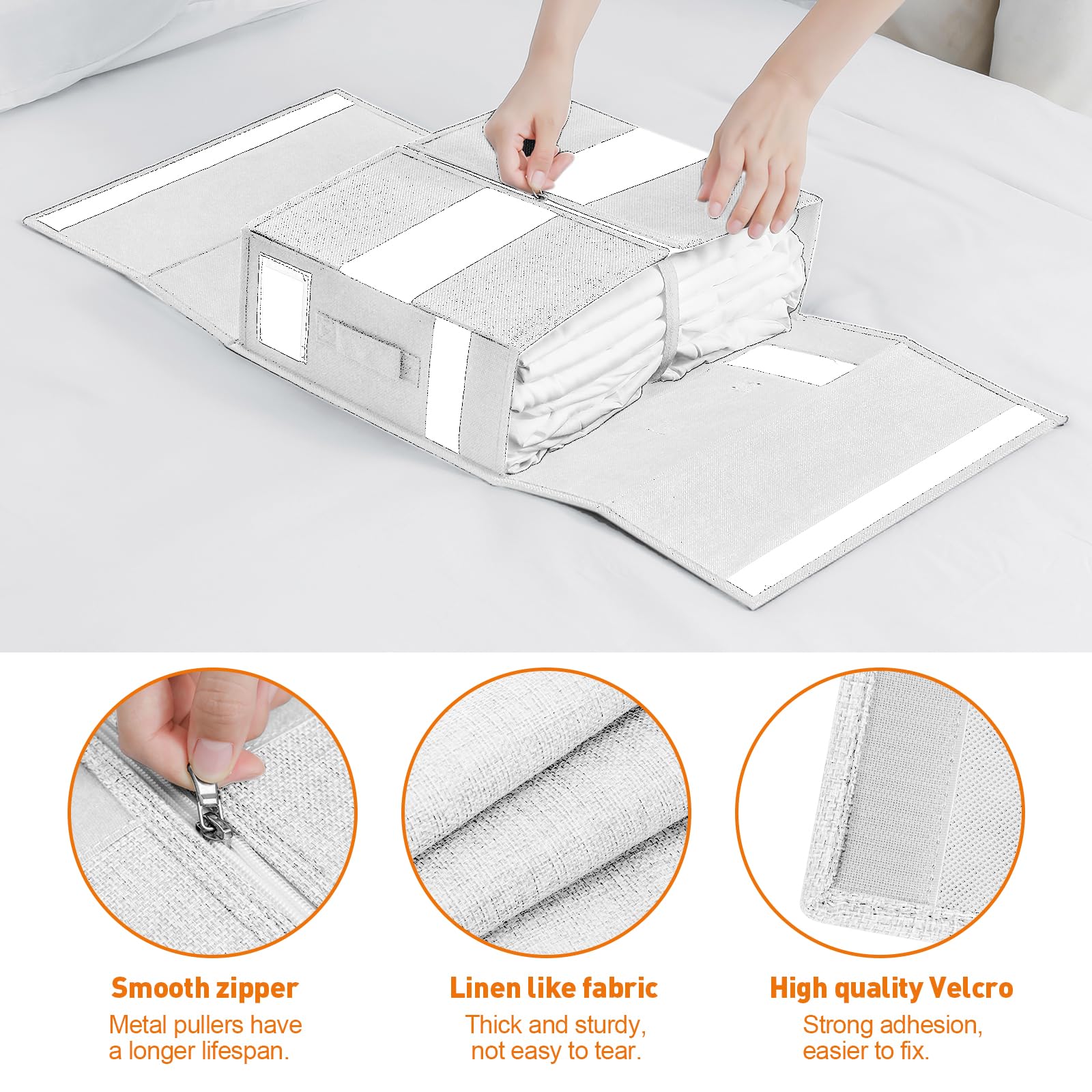 Bed Sheet Organiser, Foldable Closet Organizer for Under Bed, Folding Bedding Cover Storage Bag Box, 2 Visual Windows Closet Containers and Organizers for Sheets, Blankets, Clothes (White 2 Pack) - Image 4
