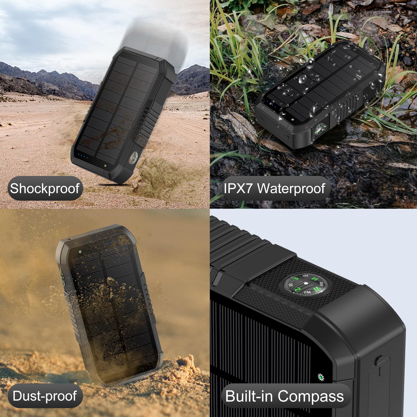Solar Power Bank 66800mAh Handkurbel 22.5W USB-C Schnellladung 6 Ausgänge & 4 Eingänge SOS Stroboskop Kompass für Camping Wandern Reisen (Schwarz)