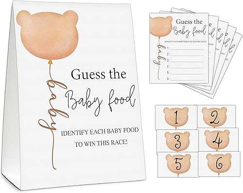 Guess the Baby Food Party Games, juego de baby shower, 1 letrero de pie + 25 tarjetas de respuesta + 6 tarjetas de números, suministros de