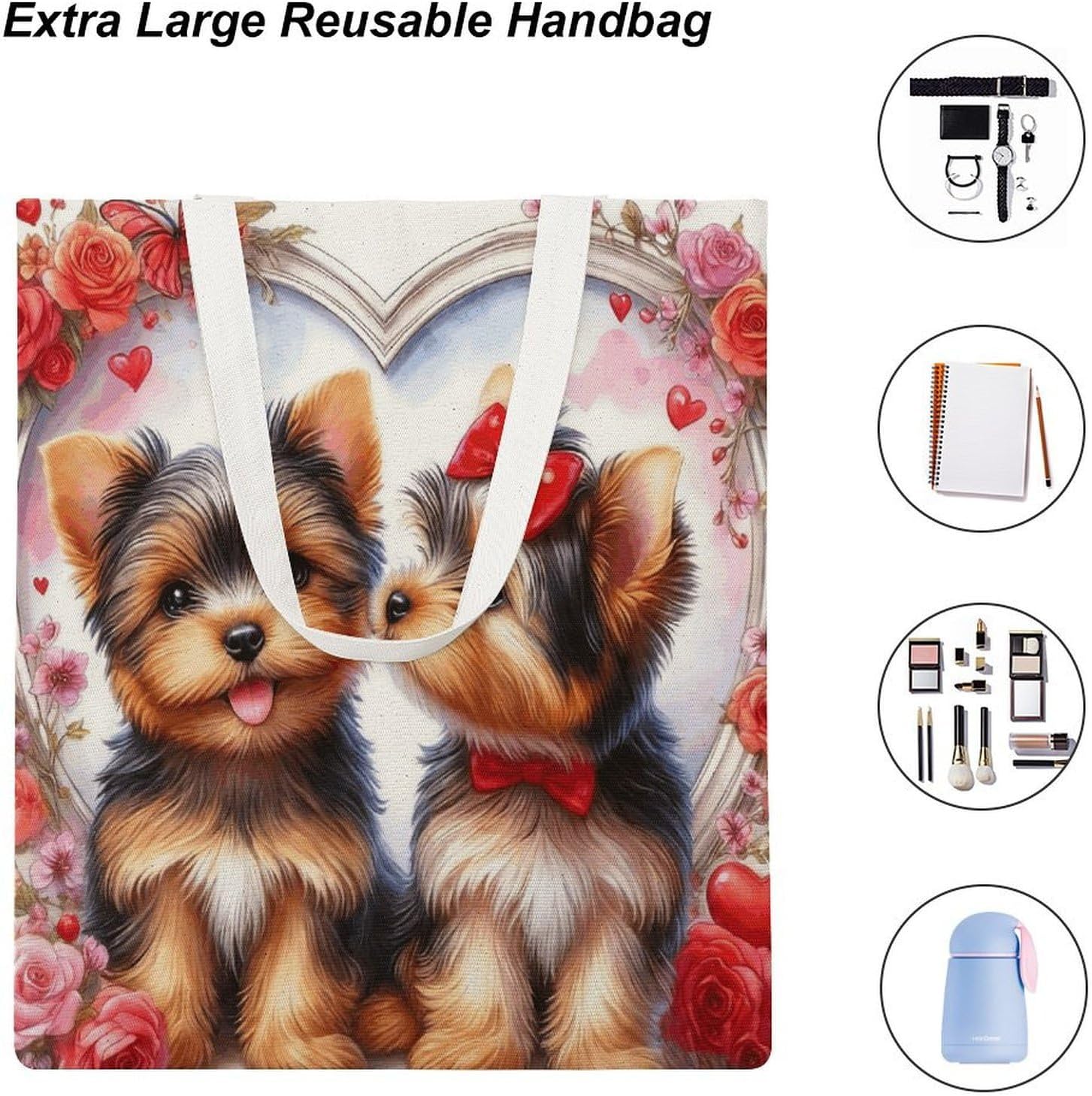 Yorkshire Terrier Couple Canvas Tote Bag Reusable Grocery Bags Foldable Soft Cotton Shoulder Carry Bag