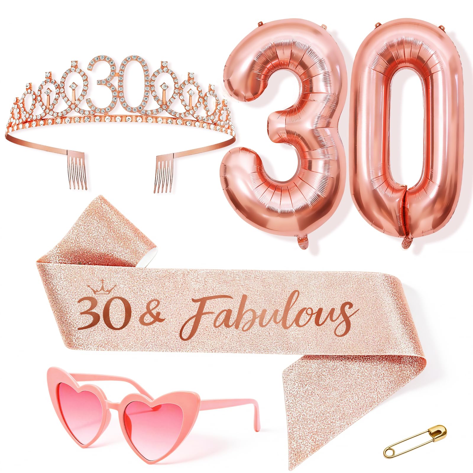 Anruzon Geburtstag Frau Deko, Geburtstag Krone und Schärpe, Rosa herzförmige Brille, Luftballons Rosegold, Geschenke für Frauen, Geburtstagsparty Deko Supplies