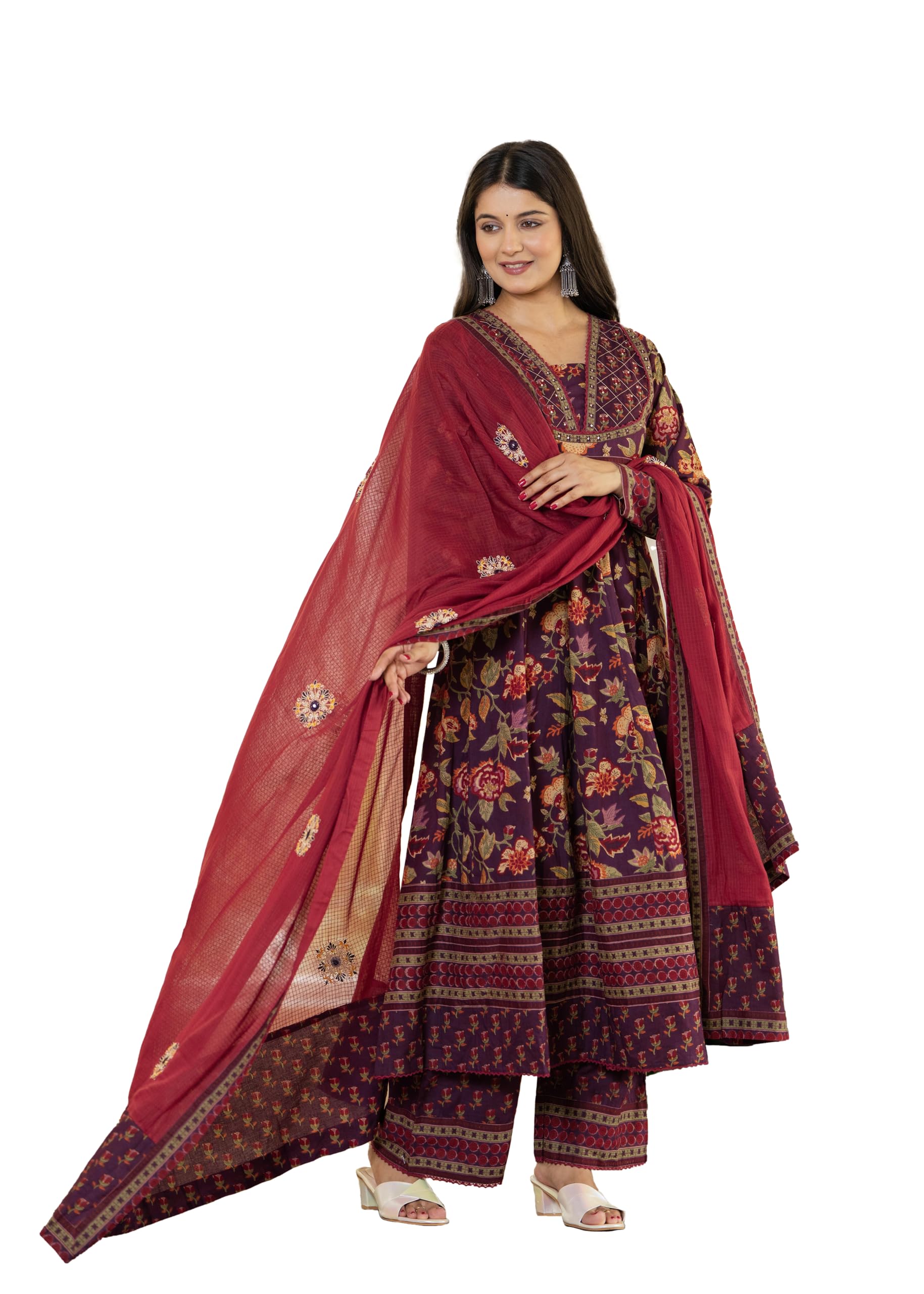 Pistaa's Women's Pure Cotton Anarkali Floral Printed Kurta with Palazzo & Dupatta Set