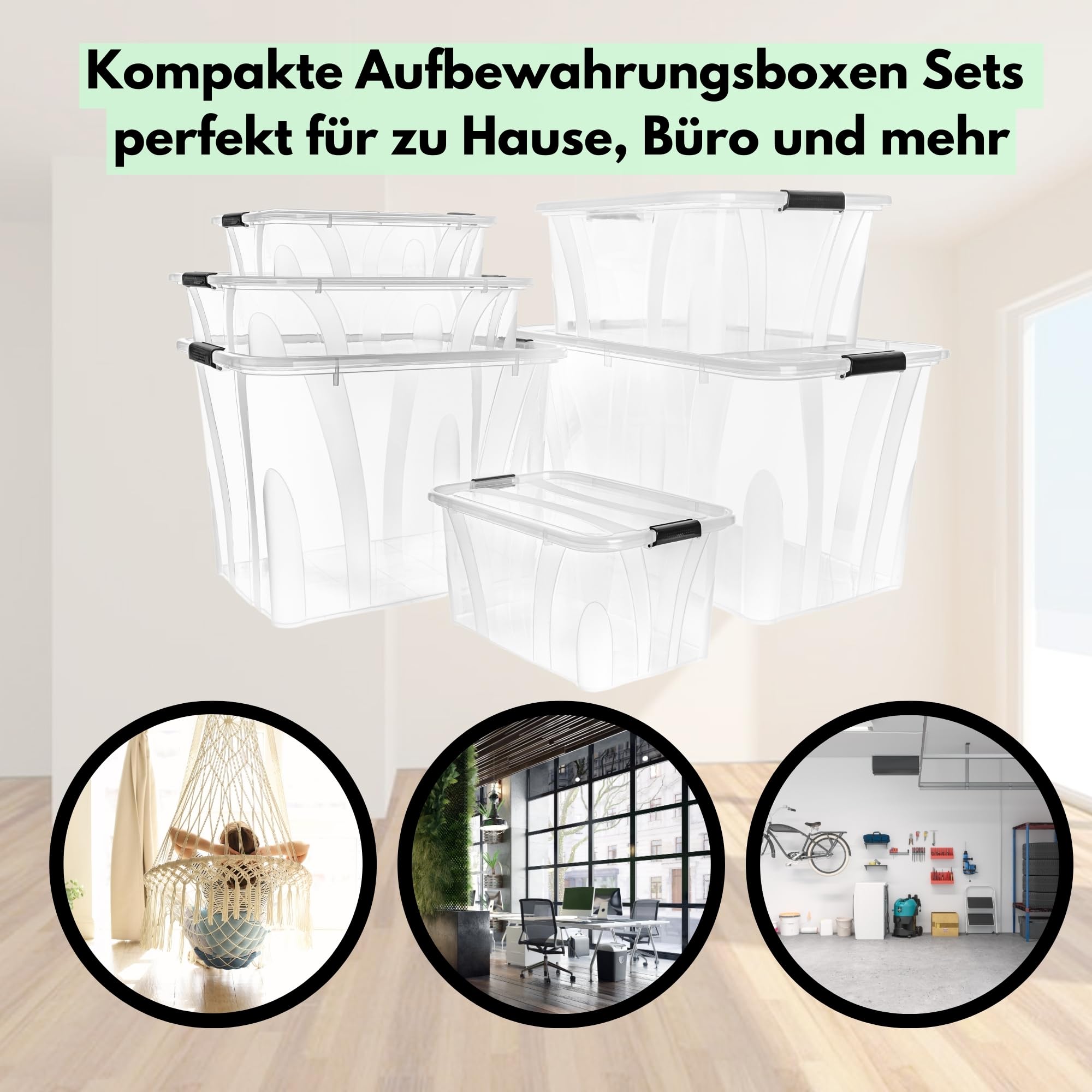 Aufbewahrungsboxen mit Deckel 7L 14L 21L 32L 55L 80L Plastik Boxen Klickverschluss Stapelboxen Sets Lebensmittelecht Haushalt & HLKauf-Block (4x 55Liter & 1x HLKauf-Block)