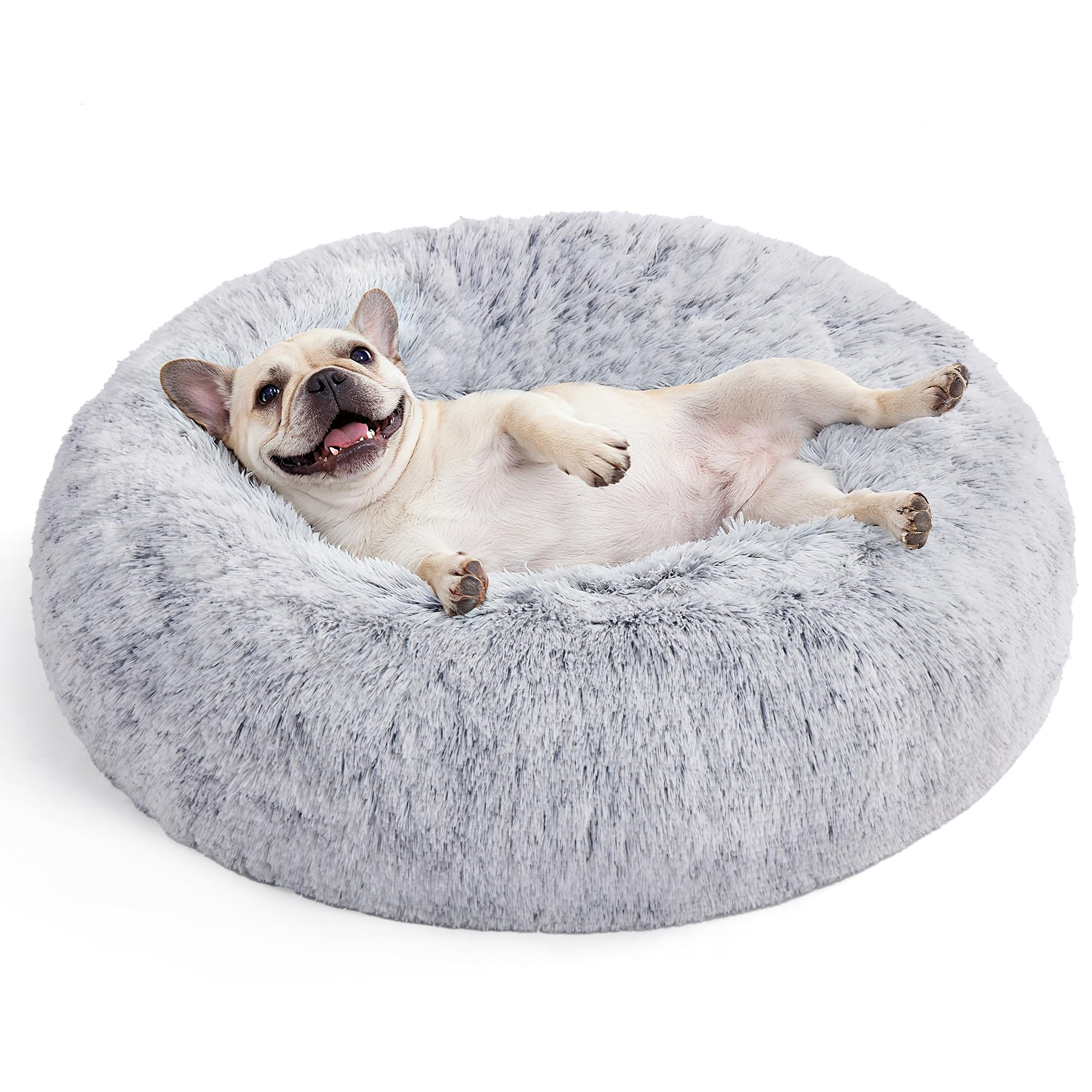 Feandrea Hundebett flauschig, Katzenbett, Donut Kissen, waschbar, Polsterung in der Mitte herausnehmbar, Langer Plüsch, 70 cm Durchmesser, Ombré-Grau PGW039G01
