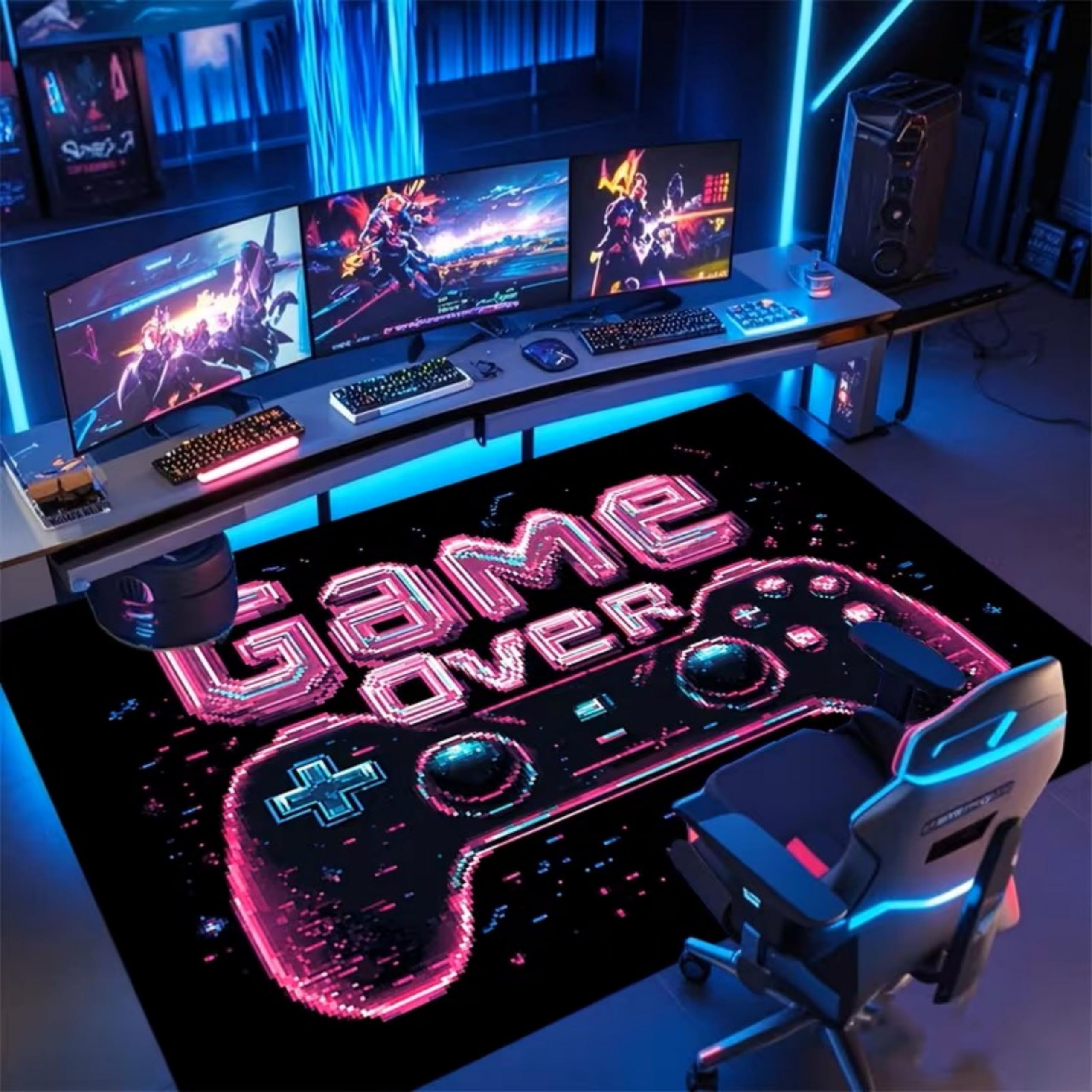 SOJAWA Retro Pink Pixel Rug 150x200cm Gaming Rug,Pixel Style Handle and Game Over Pink Font Game Mat, Non-Slip, Durable and Washable, Suitable for Bedroom, Living Room, Games Room
