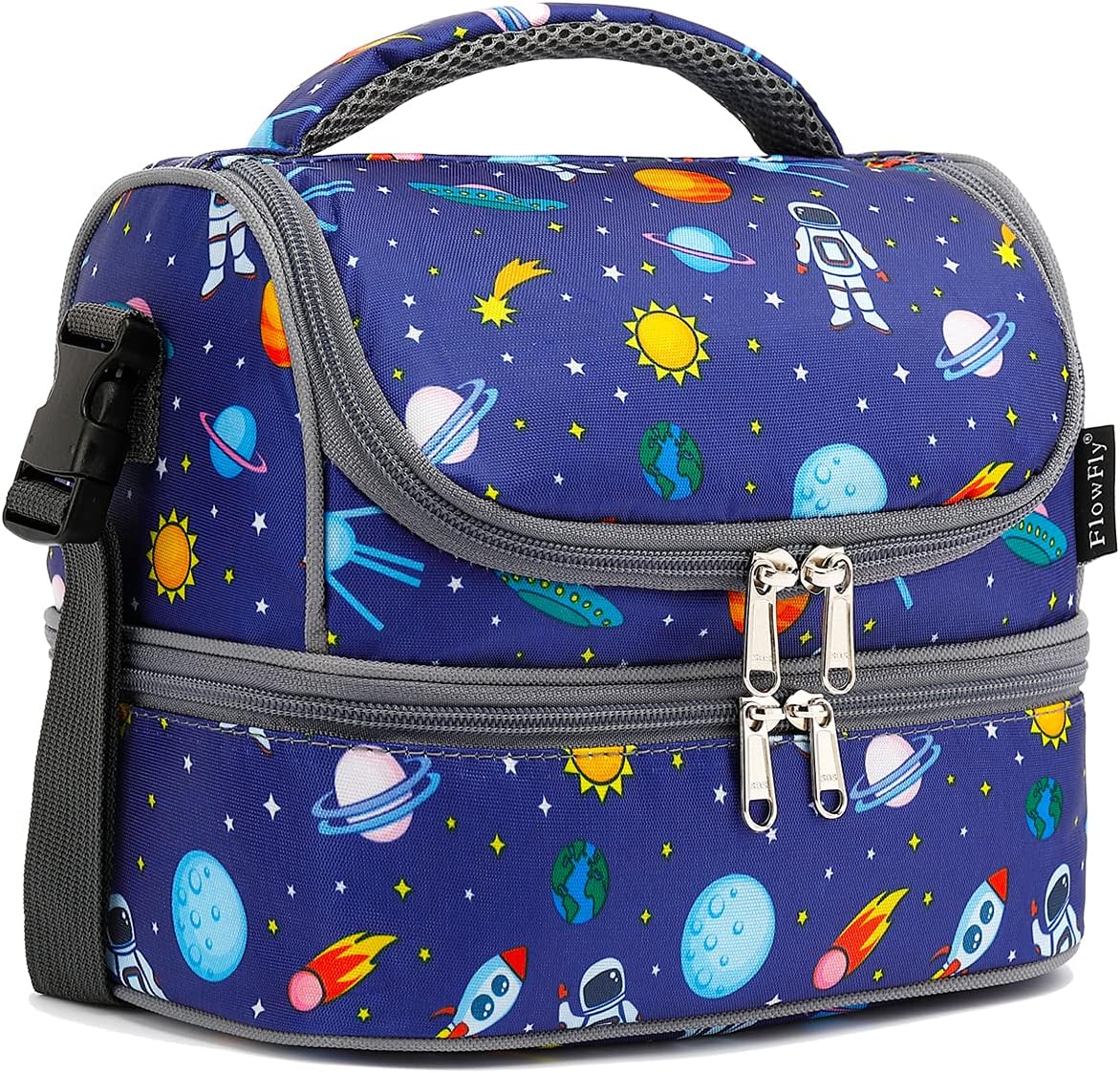 FlowFly Kids Double Decker Cooler Insulated Lunch Bag Large Tote for Boys, Girls, Men, Women, With Adjustable Strap, Astronaut