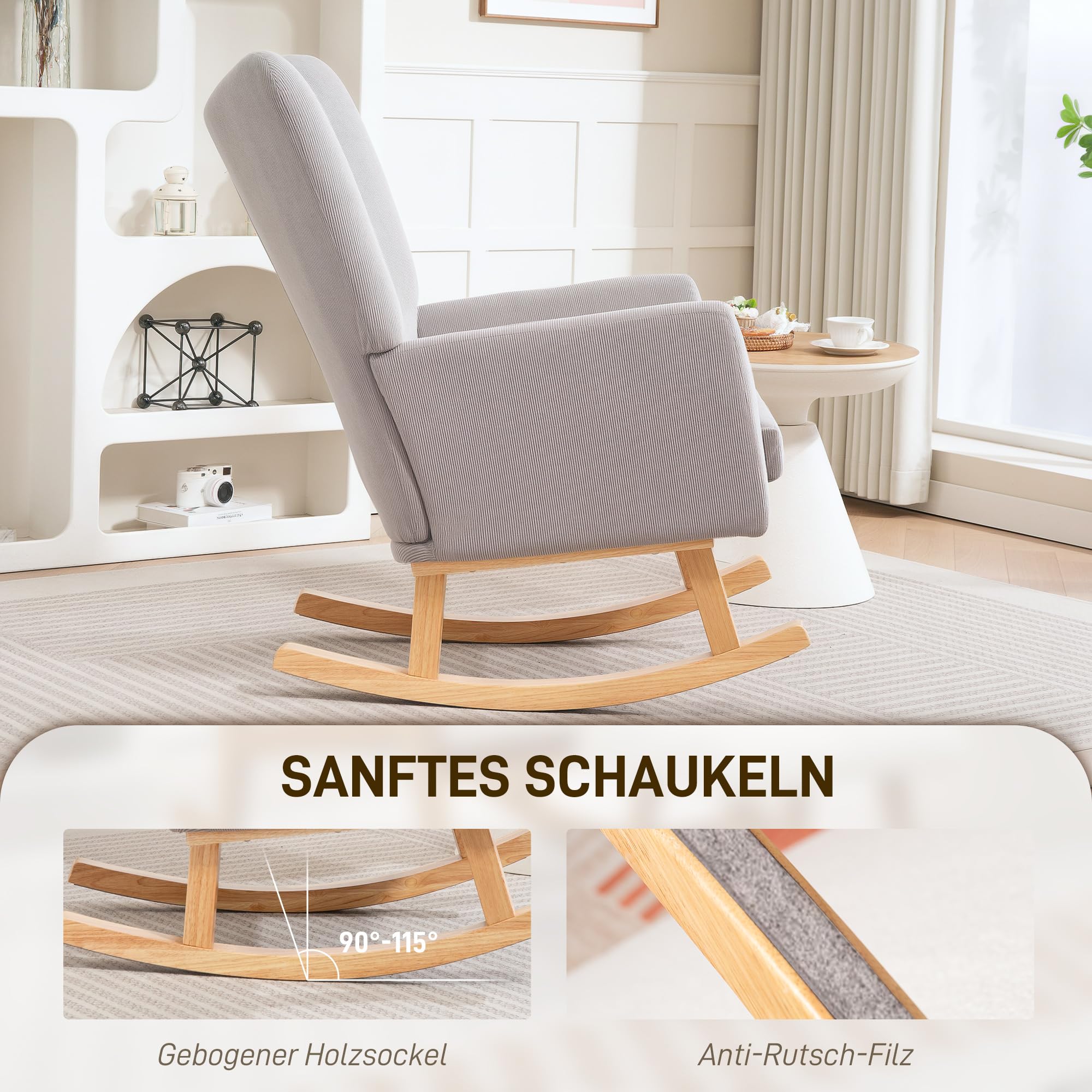 HOMCOM Schaukelstuhl Schaukelsessel mit hoher Rückenlehne, Cord-Optik, Schwingsessel Sessel Relaxsessel mit breite Armlehne, Holzkufen, Stillsessel für Wohnzimmer, Schlafzimmer, Balkon Hellgrau