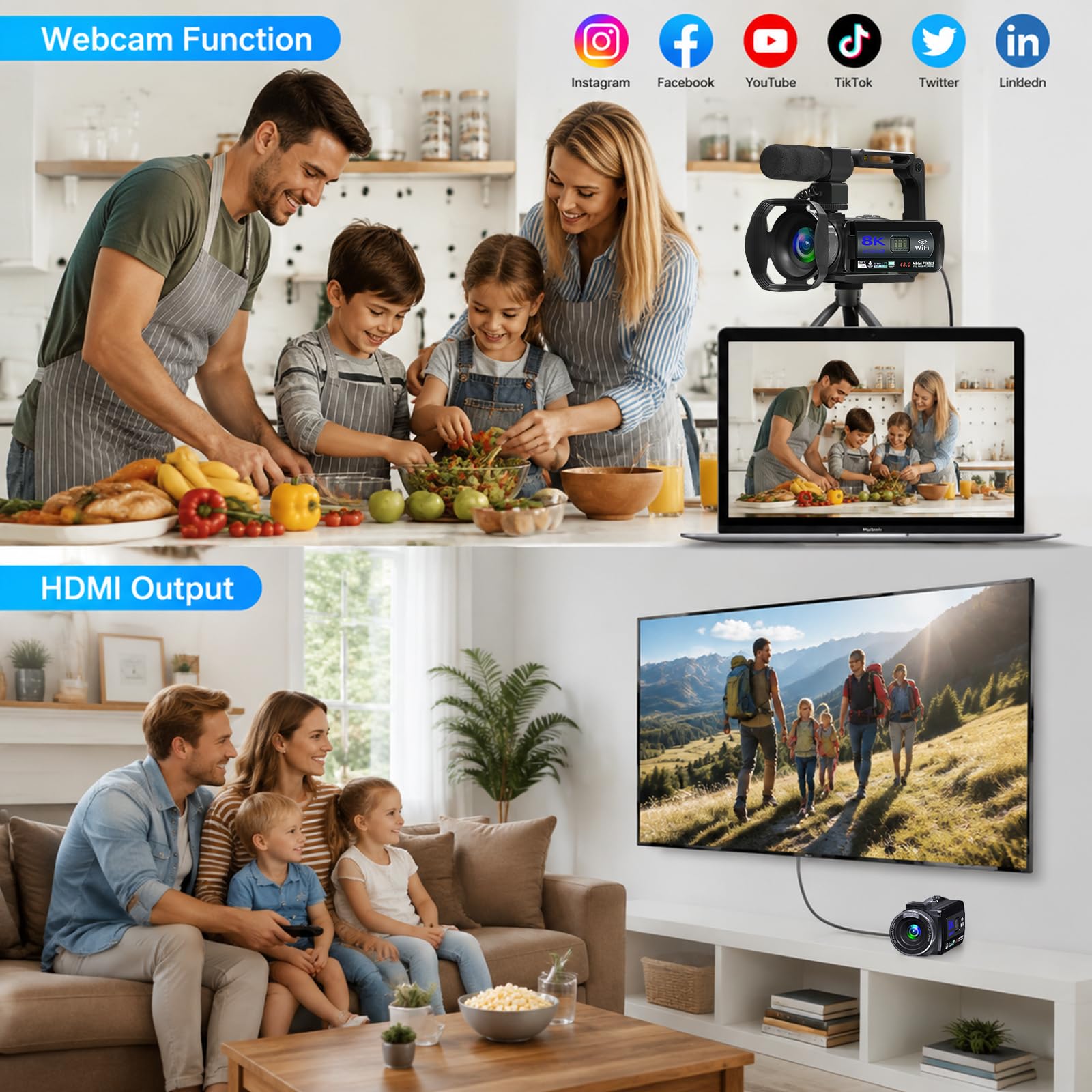 Caméra vidéo 8K 48 MP pour YouTube, zoom numérique 18x, écran tactile 3" WiFi, microphone externe, lumière de remplissage, télécommande, carte SD 32 Go, 2 piles