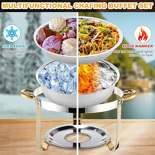 Miniatura 4 de Juego de 6 platos de buffet con 6 pinzas, juego de calentador de alimentos de acero inoxidable, 3.7 cuartos de galón de capacidad redondo con tapa
