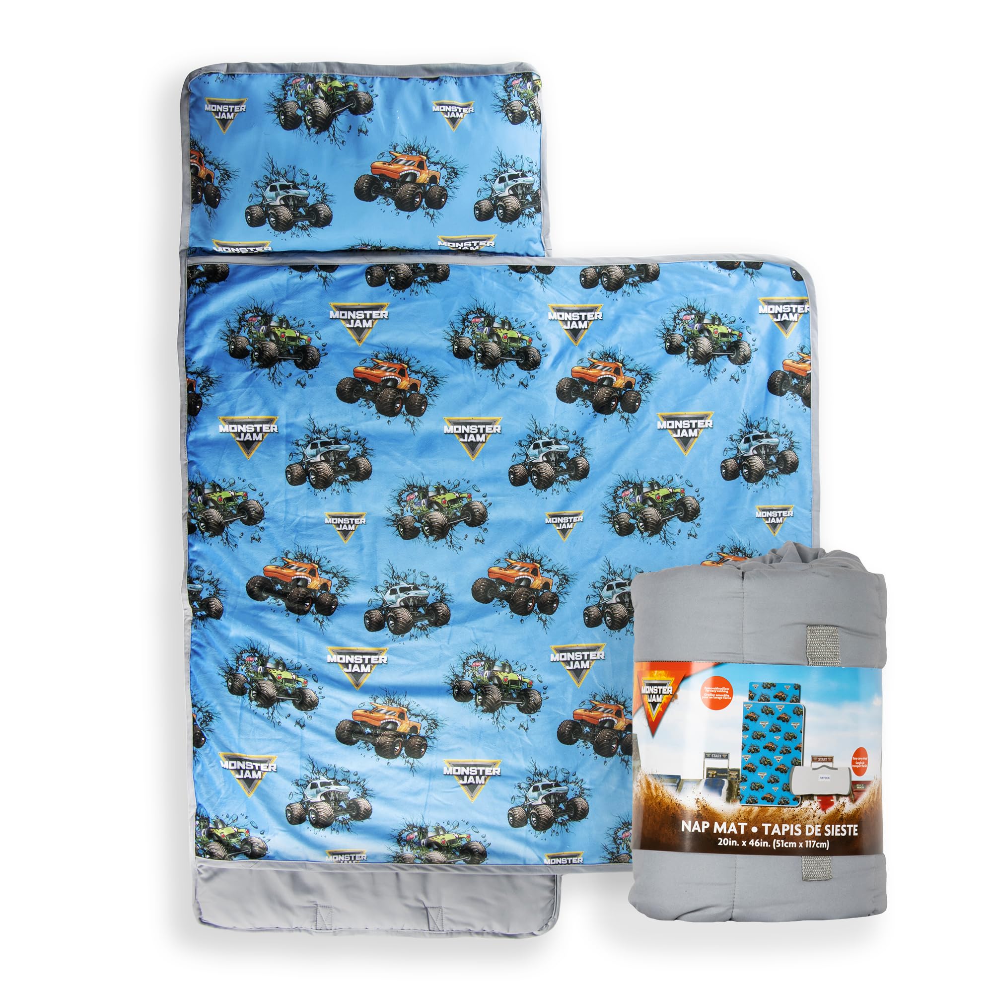 Jay Franco Kids Nap Mat with Embedded Pillow & Blanket – Soft 46"x20" Microfiber Sleeping Bag with Name Tag & Handle for School, Travel, Sleepover, Blue - Monster Jam