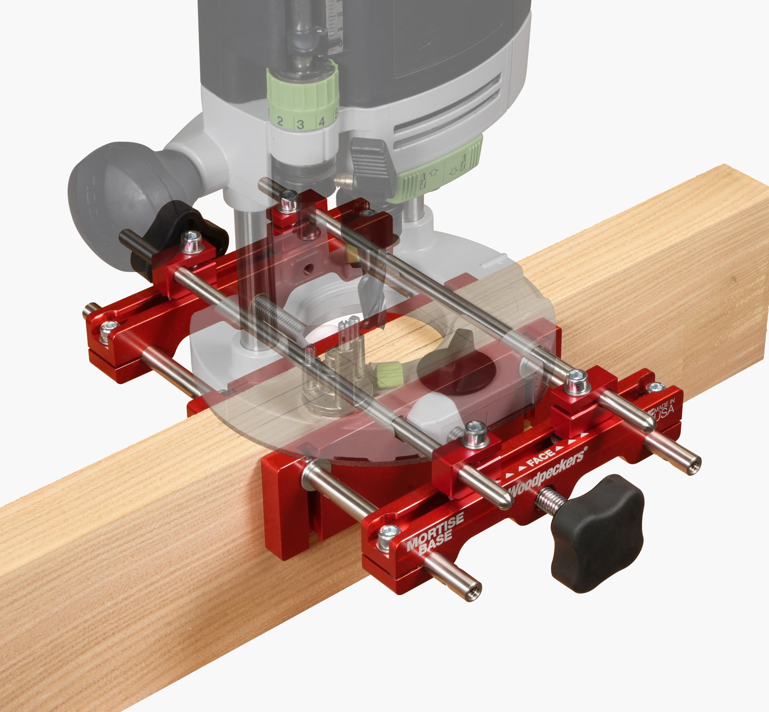 Woodpeckers Mortise Base, Dual-Fence Adjustable Router Base for Precise Mortising and Edge Guiding, Fits Plunge Routers with 5/16" Guide Rods,