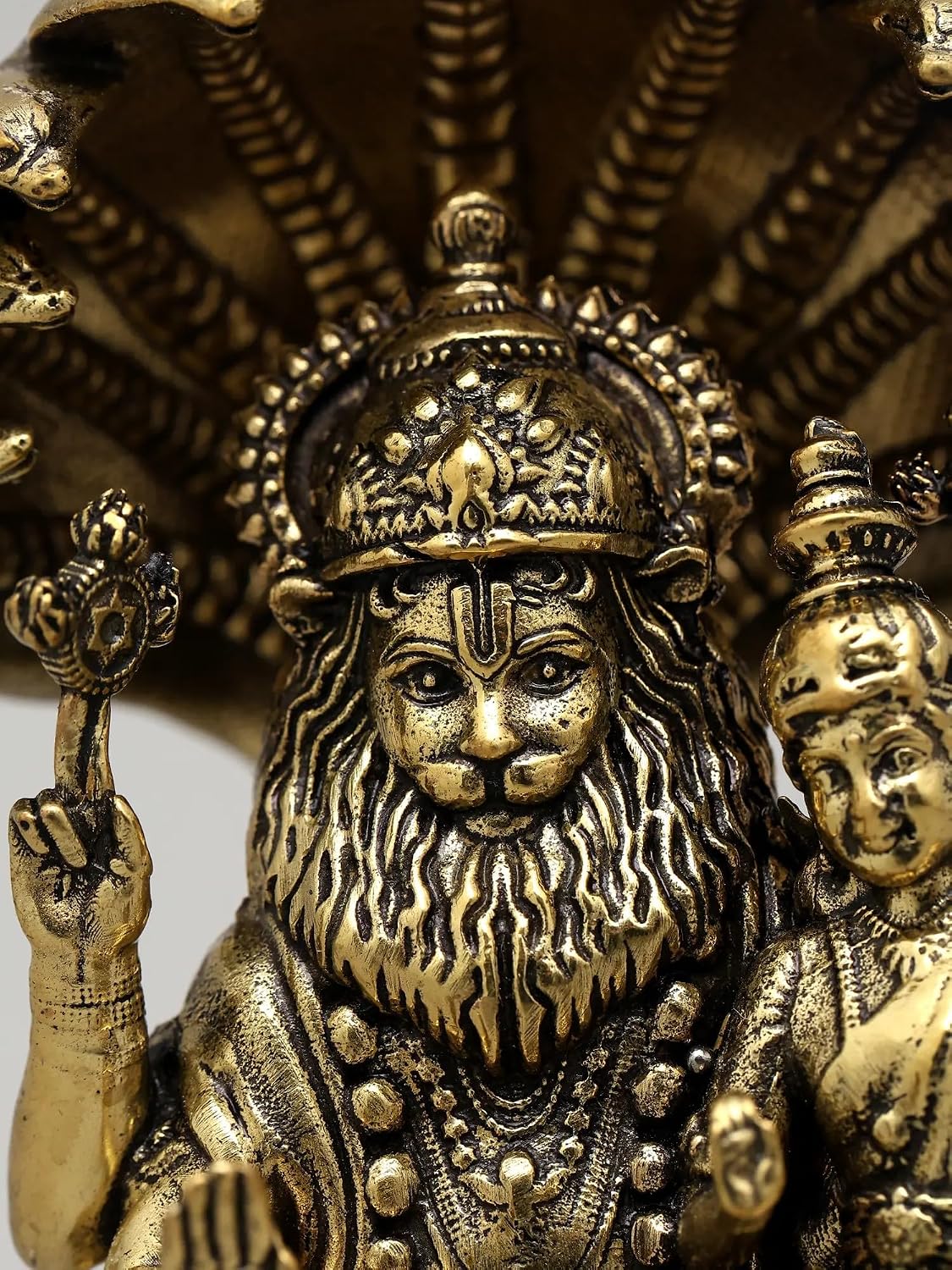 Exotic India Superfine Sitting Lord Narasimha with Devi Laksmi Brass Statue | Maa Lakshmi Hindu Goddess Idol for Pooja Mandir, Home Décor, Office