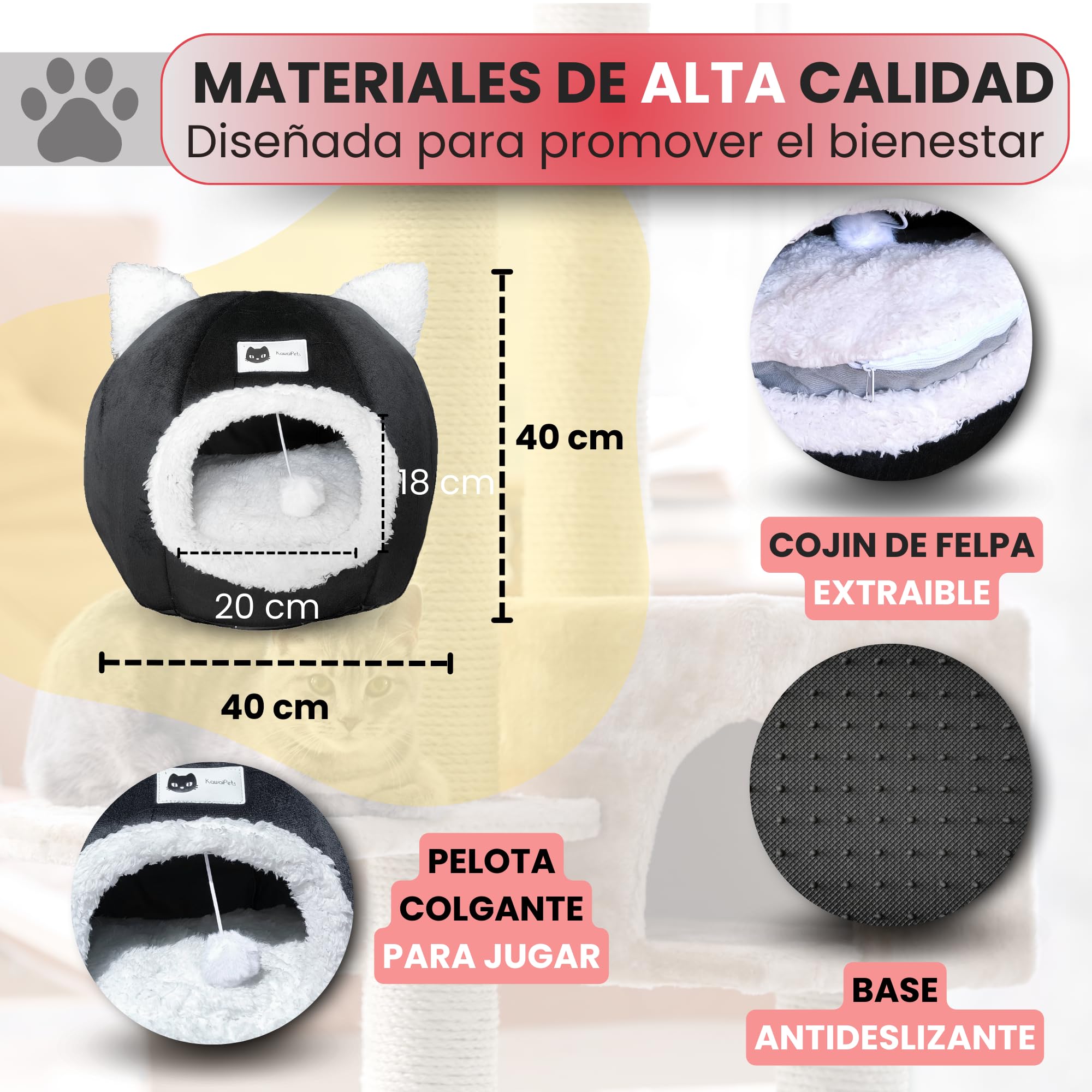 Cama para Gatos y Perros Pequeños 2 en 1, Refugio Cueva Suave, Cama Lavable con Juguete y Collar - 40x40x40 cm - Color Negro