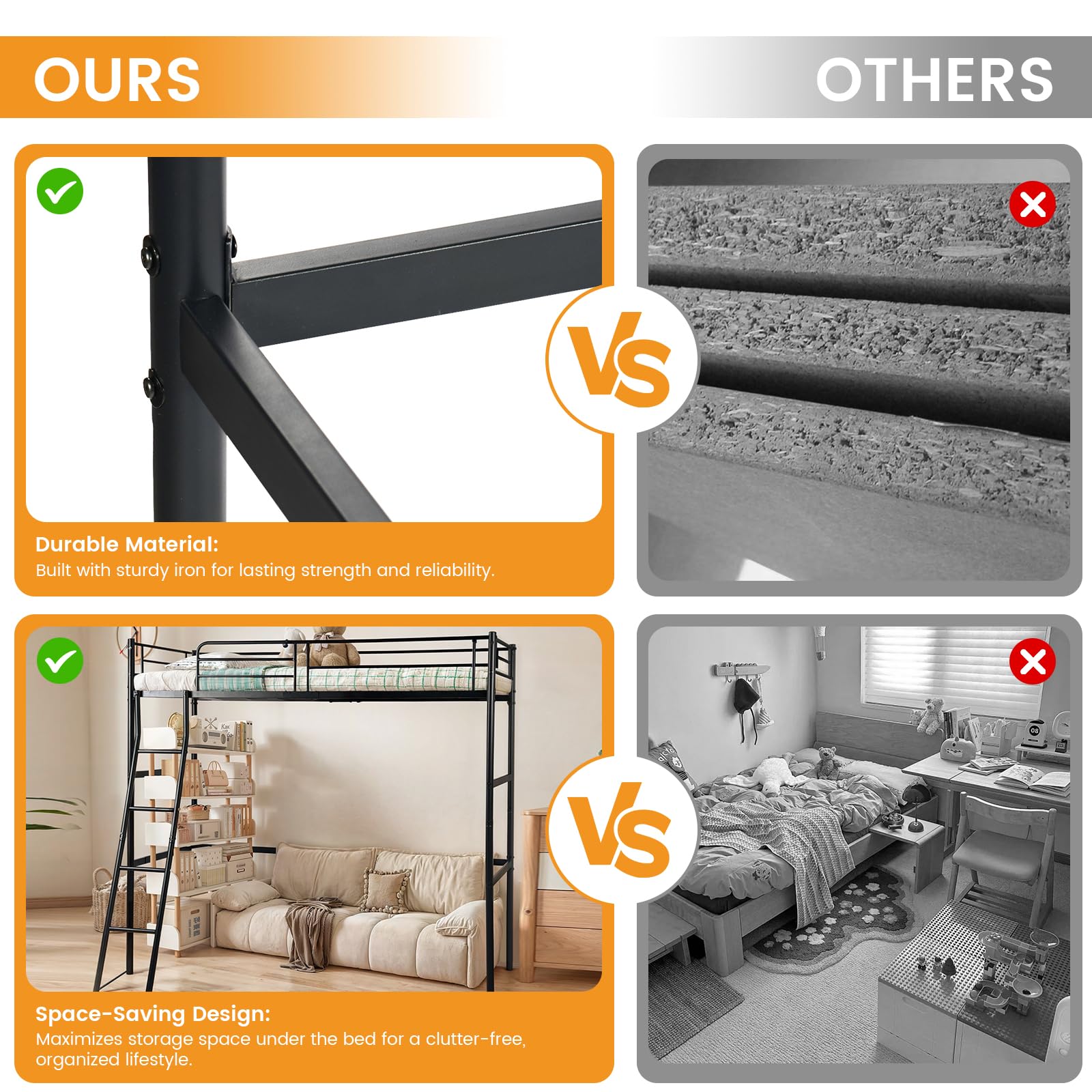 Cama Alta 90 x 200 cm, Cama de Hierro con Escalera, Cuna con Marco de Hierro, Negro, para Habitaciones Juveniles | Cama de hierro con escalera, estructura robusta, color negro, ideal para habitaciones juveniles, soporta hasta 150 kg