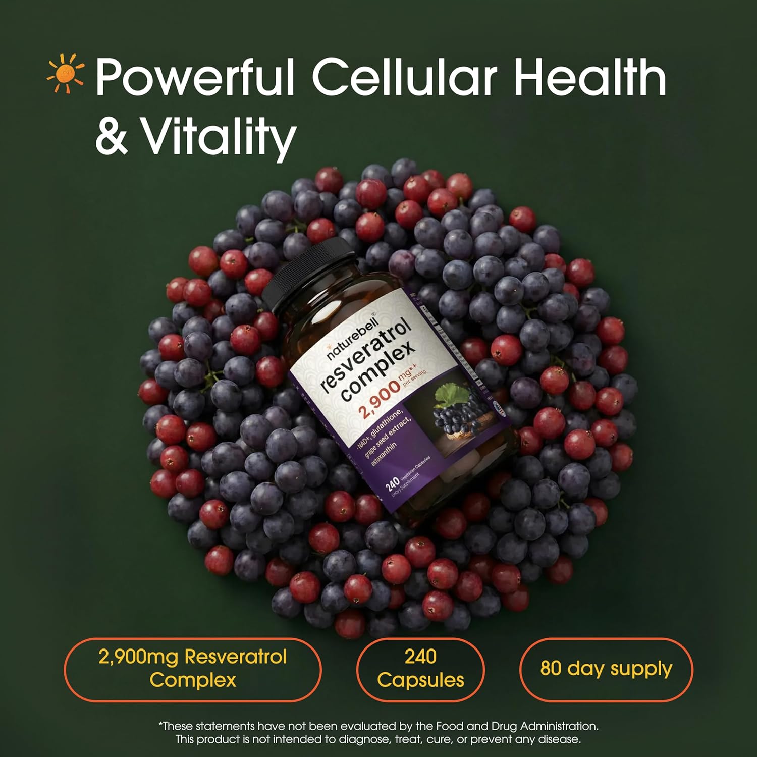 NatureBell Resveratrol Complex - 240 Vegetarian Capsules - Made with Resveratrol, NAD, Glutathione & More - Healthy Aging & Antioxidant Support - Heart, Brain & Immune Wellness*