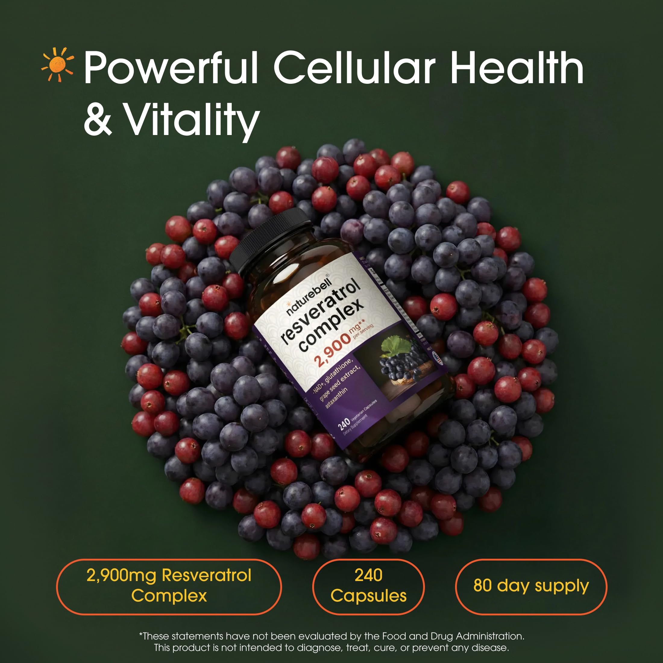 NatureBell Resveratrol Complex - 240 Vegetarian Capsules - Made with Resveratrol, NAD, Glutathione & More - Healthy Aging & Antioxidant Support - Heart, Brain & Immune Wellness* — Amazon image 3
