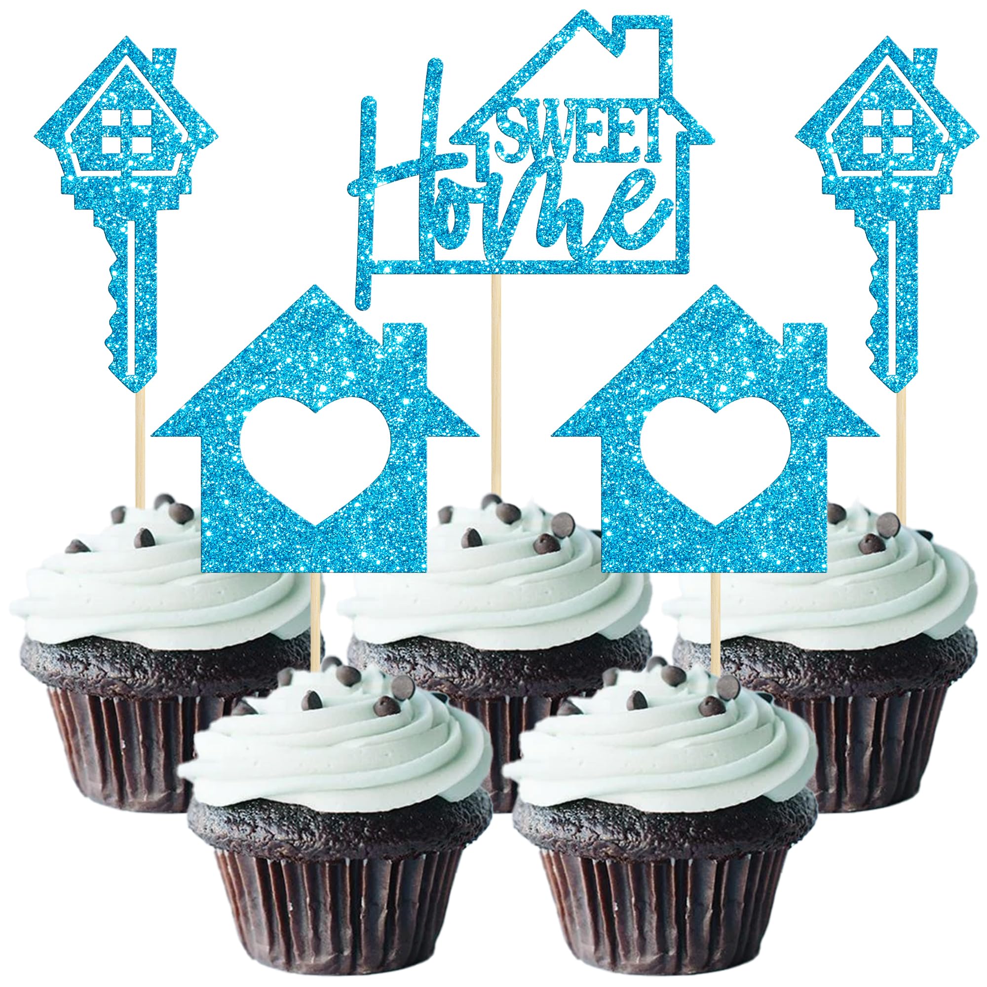 Gyufise 24 Pack Sweet Home Cupcake Toppers House Warming Decorations Welcome New Home Cupcake Picks for Housewarming Party Cake Decorations Light Blue