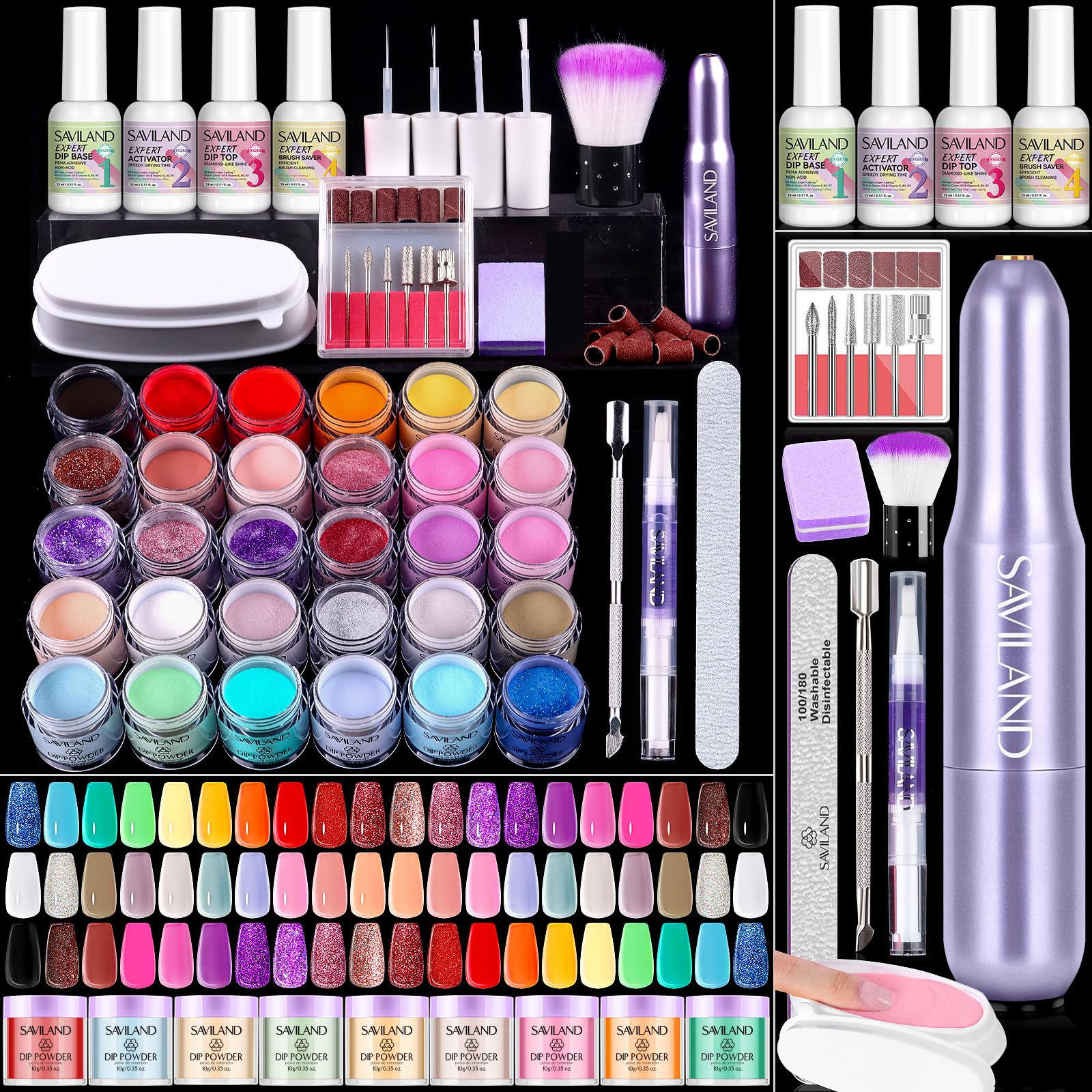 SAVILAND Dip Powder Nail Kit with Drill: Starter Set 30 Colors Summer Spring Keratin Dip Nails Powder with Essential Liquid Set Activator Base Top Coat Cuticle Oil for DIY Manicure Nail Art