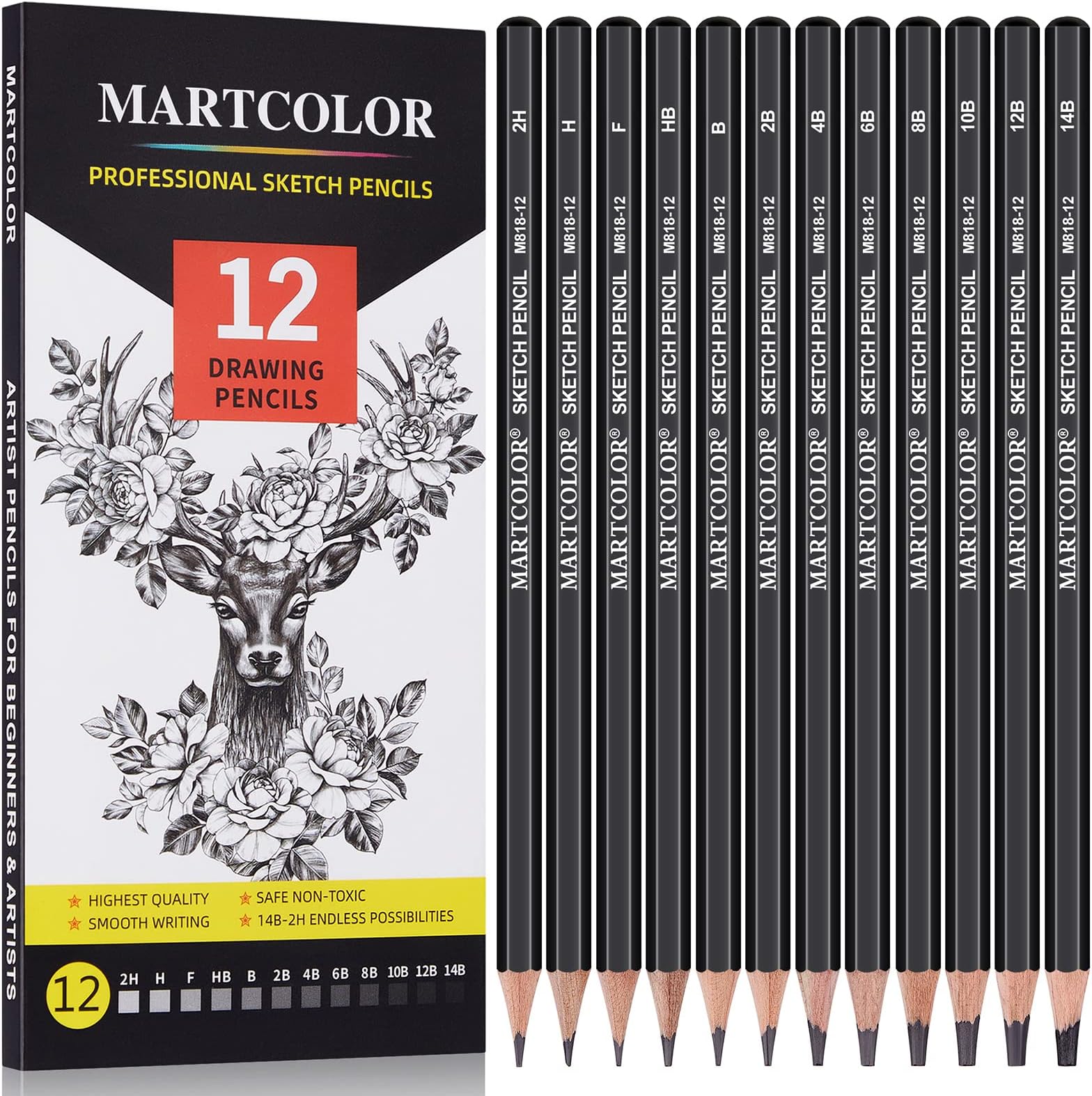 MARTCOLOR Drawing Sketching Pencils Set, 12 Pack Graphite Pencils(14B - 2H), Ideal for Drawing Art, Sketching, Shading, Artist Pencils for Beginners & Pro Artists