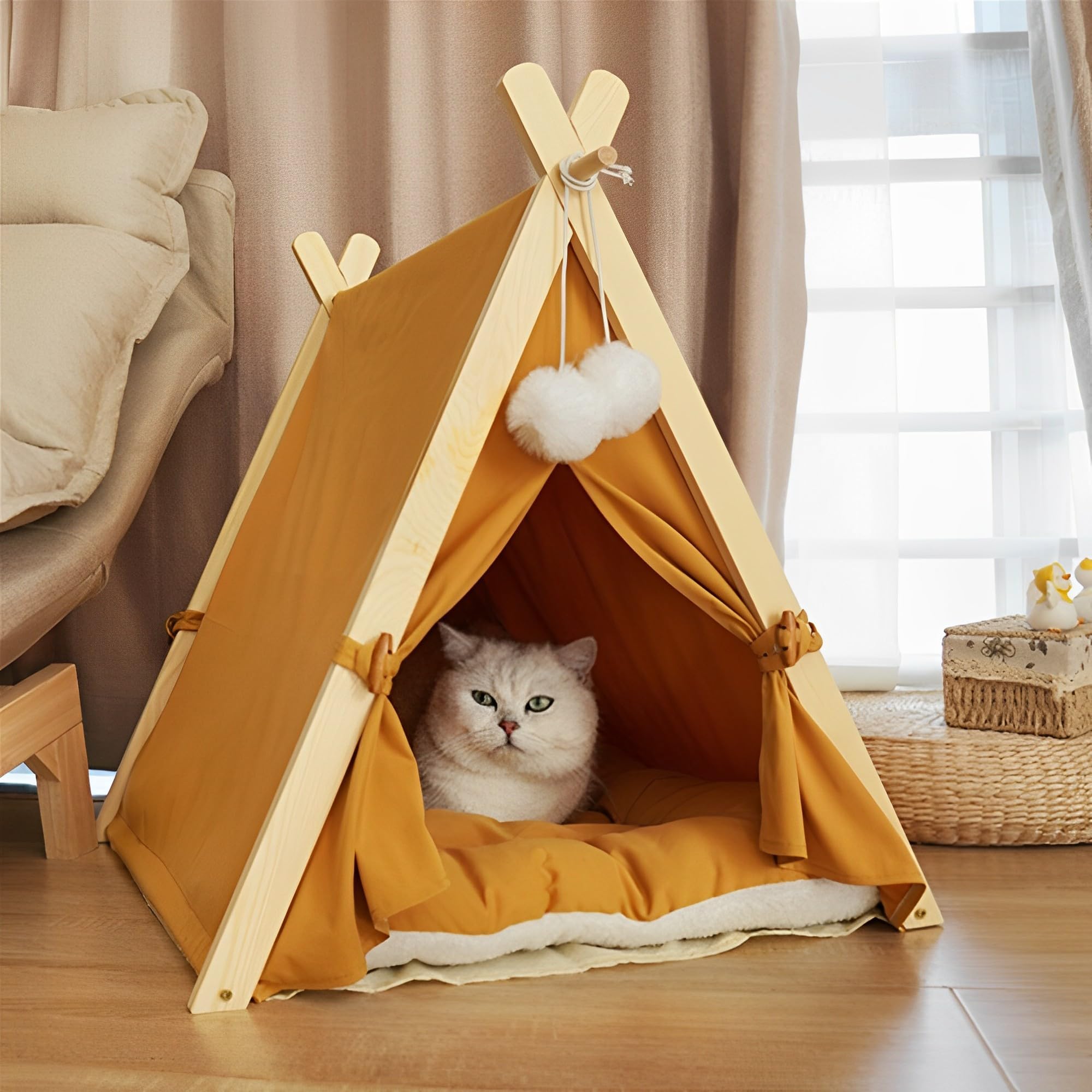 Pet Teepee Pet Tent,Large Dog Teepee Bed & Cat Tent,Portable Canvas Puppy House Cat Bed Tent with Thick Cushion Washable,Cat Teepee & Folding Indoor Pet Teepee & Dog Bed for Pets Up to 25lbs