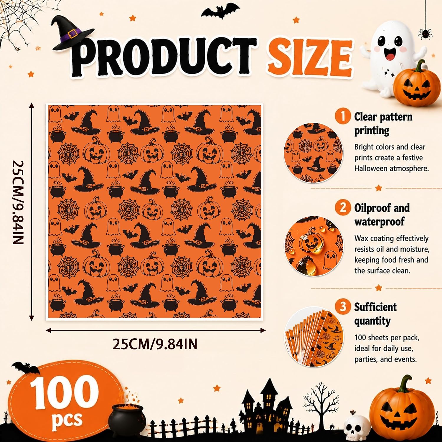 100 Pcs Halloween Wax Paper Sheets for Food, 9.8 x 9.8 Inches