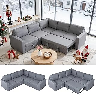 Sectional Sleeper Sofa with Pull Out Bed, L Shaped Pull Out Couch with Storage Chaise, 5 Seats Convertible Couch Bed for Apartment, Living Room, Light Gray