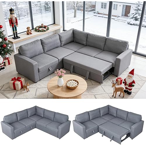 Sectional Sleeper Sofa with Pull Out Bed, L Shaped Pull Out Couch with Storage Chaise, 5 Seats Convertible Couch Bed for Apartment, Living Room, Light Gray